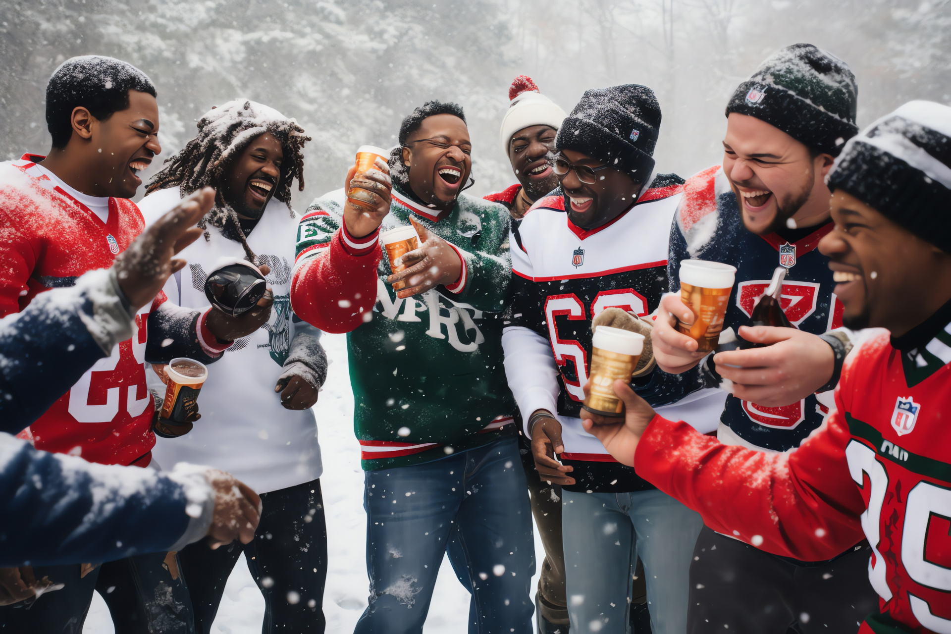 NFL seasonal match, Wintry sports forest, Team emblematic outfits, Cheerful game ambiance, Festive rivalry, HD Desktop Image