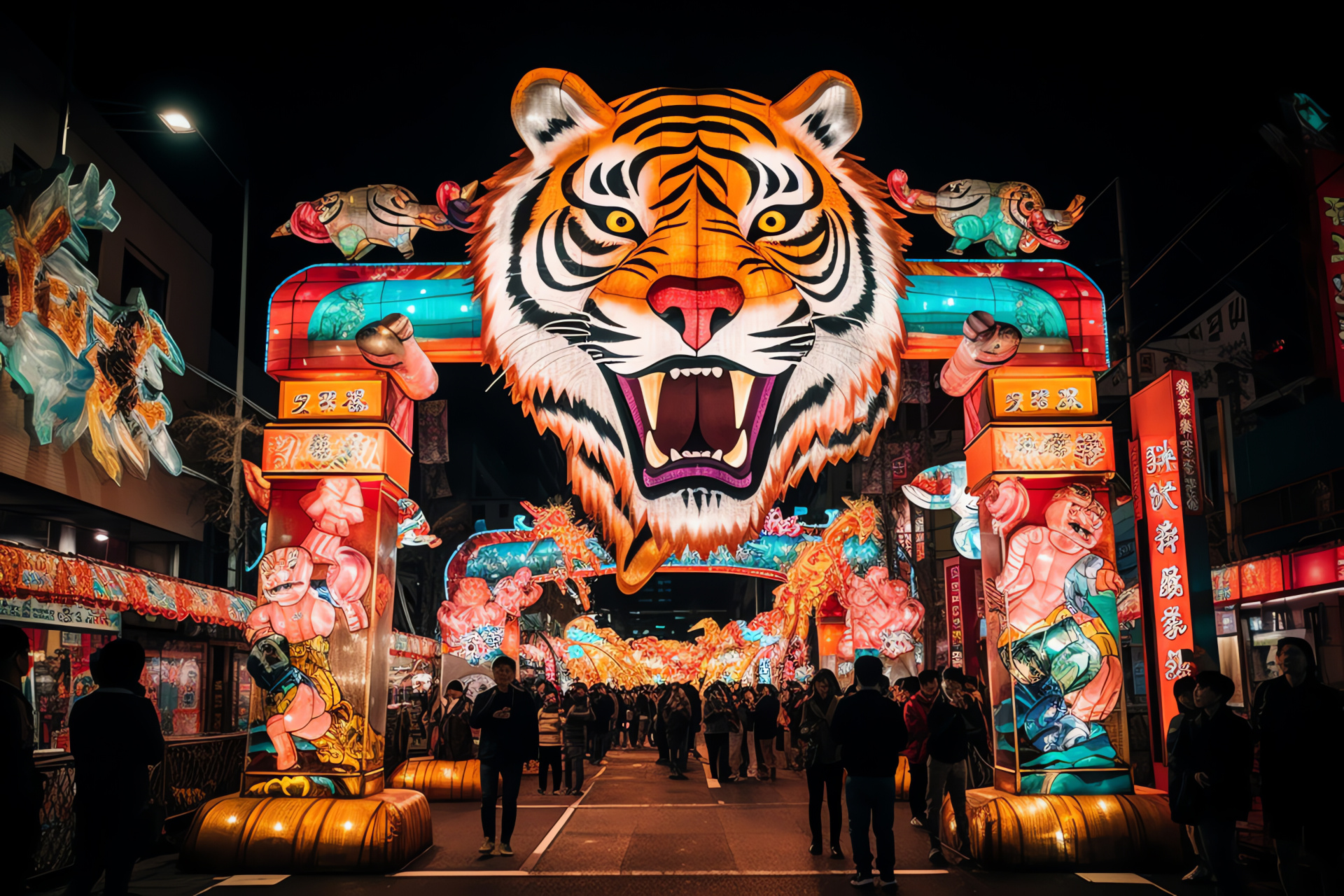 Exotic Tiger celebration, Urban Tokyo festivities, Illuminated city district, Panoramic metropolitan views, Cultural entertainment, HD Desktop Wallpaper