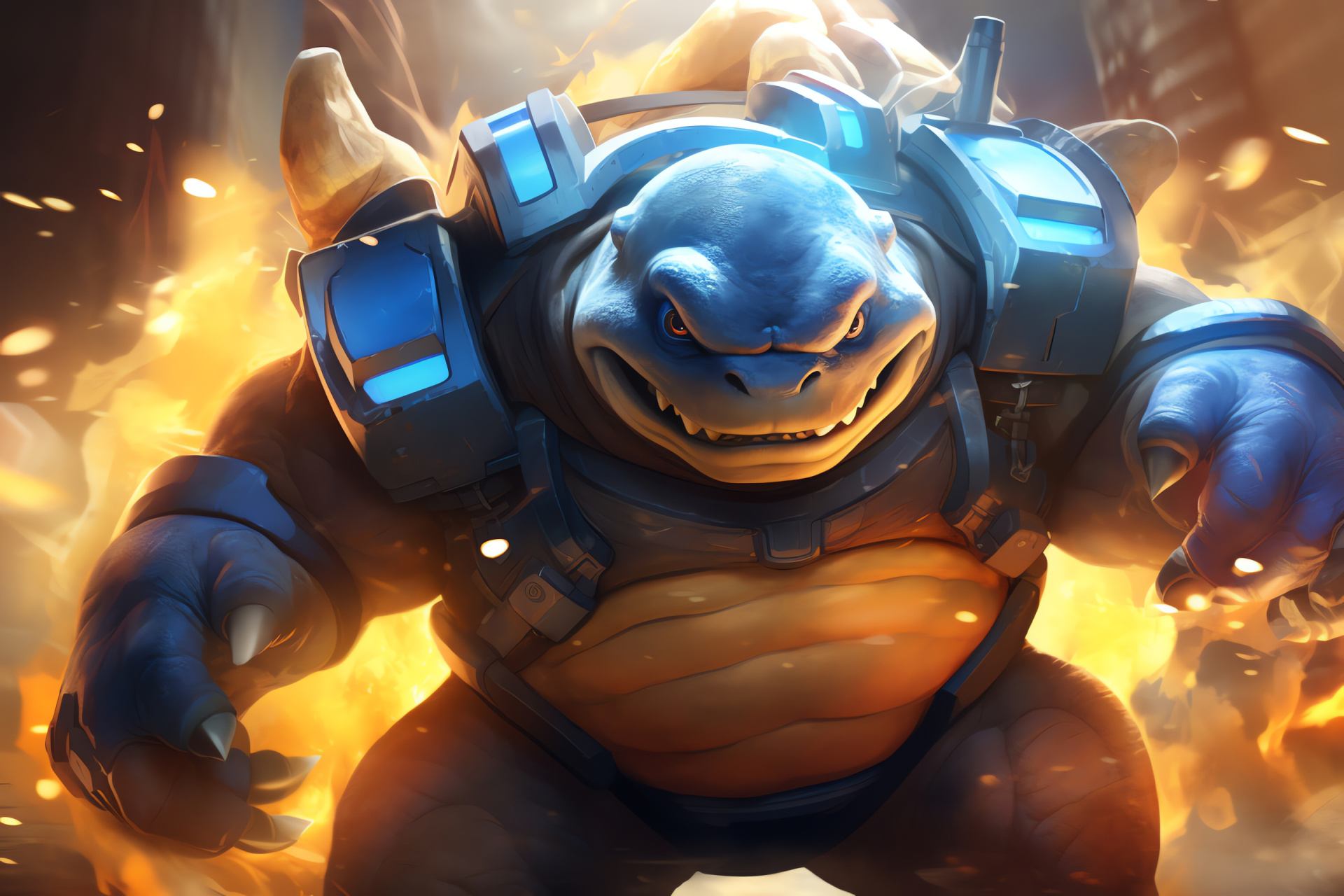 Blastoise in Saffron City, neon illumination, futuristic battle, Water-type prowess, shell cannons, HD Desktop Wallpaper