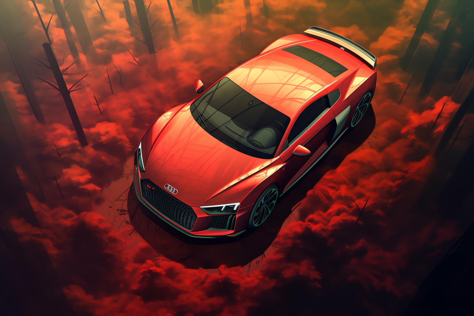 Audi R8 V10 Plus, enigmatic territory, elevated shot, obscured by fog, crimson coating, HD Desktop Wallpaper