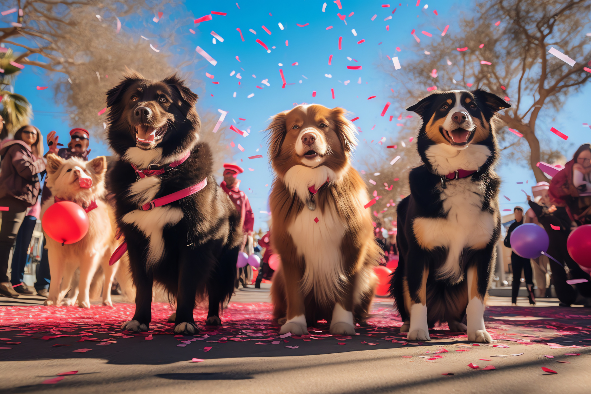 Celebratory dog assembly, Valentine-themed costumes, Enthusiastic observers, Themed street decoration, Communal joy, HD Desktop Image