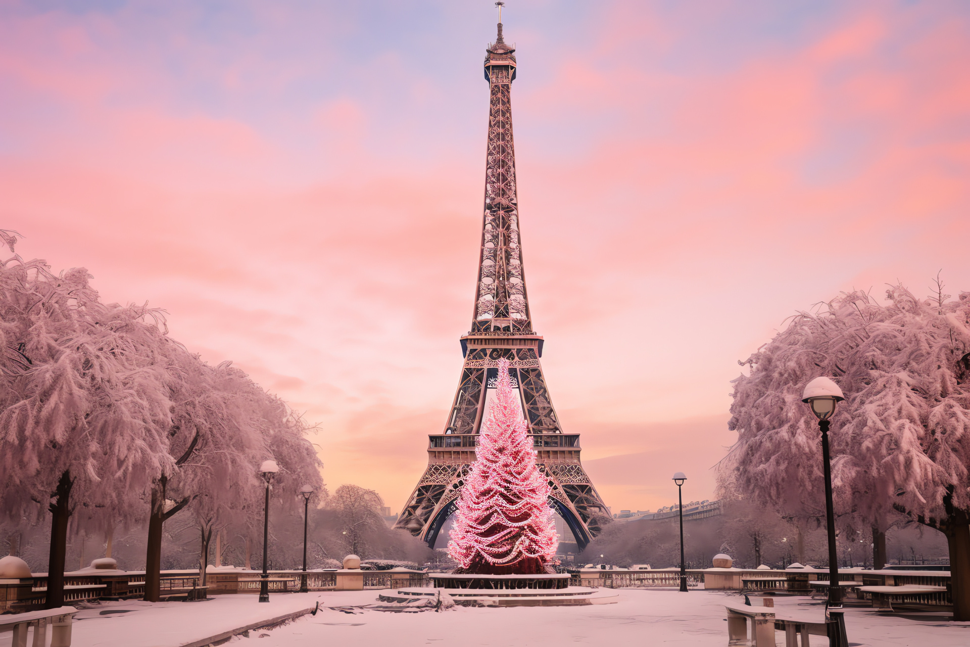 Festive season in France, iconic landmarks, illumination, city celebration, chic decorations, HD Desktop Image