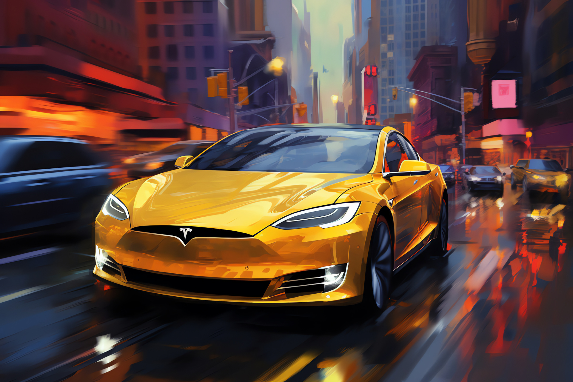 Tesla Model H, Urban electric car, Innovative design, Yellow vehicle, Electric luxury sedan, HD Desktop Wallpaper