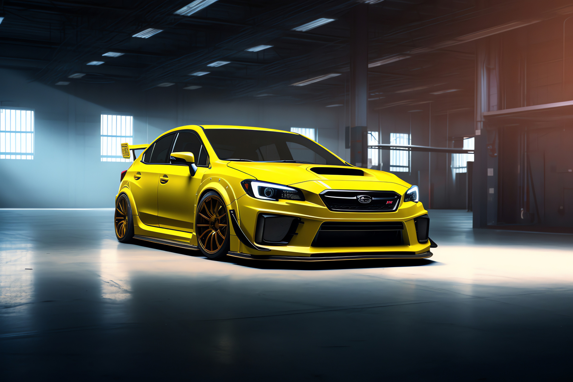 Subaru WRX STI stance culture, Elevated car portrait, Enhanced street machine, Two-tone contrast, Eye-catching finish, HD Desktop Wallpaper