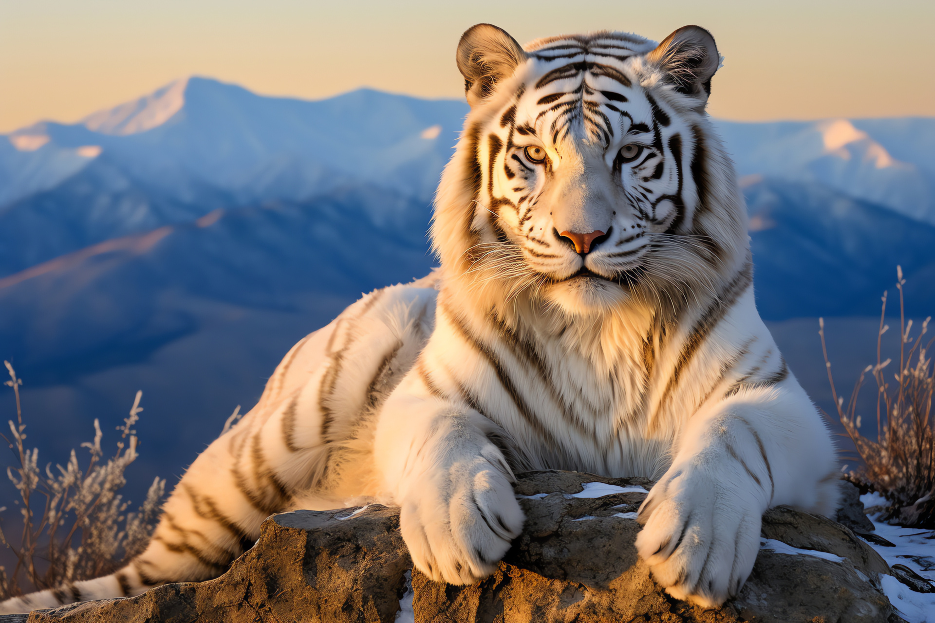 Sleek White Tiger, big cat poise, majestic stance, shimmering coat, powerful presence, HD Desktop Wallpaper