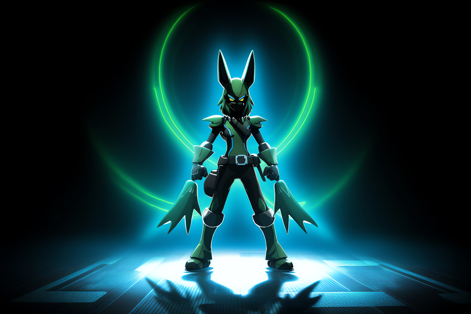 Lucario fighter representation, Martial arts, Metallic features, Verdant gaze, Luminous weaponry, HD Desktop Wallpaper