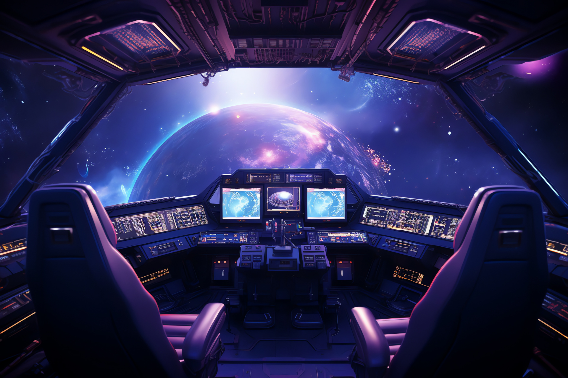 Command module interior, Deep space hues, Galactic travels, Celestial exploration, Navigator's station, HD Desktop Wallpaper