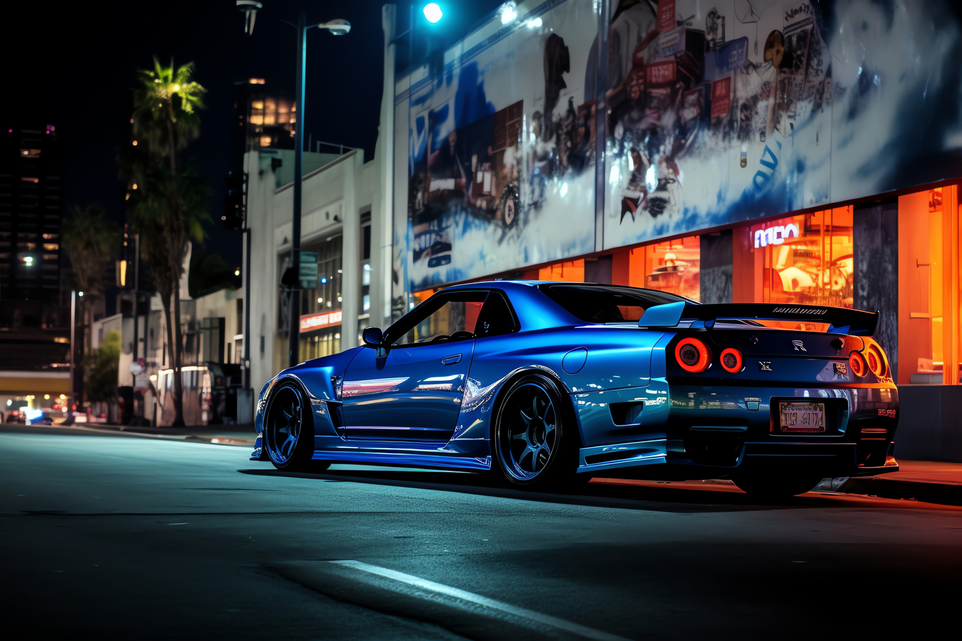 Nissan Skyline GTR R33, Los Angeles, neon fascination, bold stance, Sunset Boulevard, HD Desktop Image