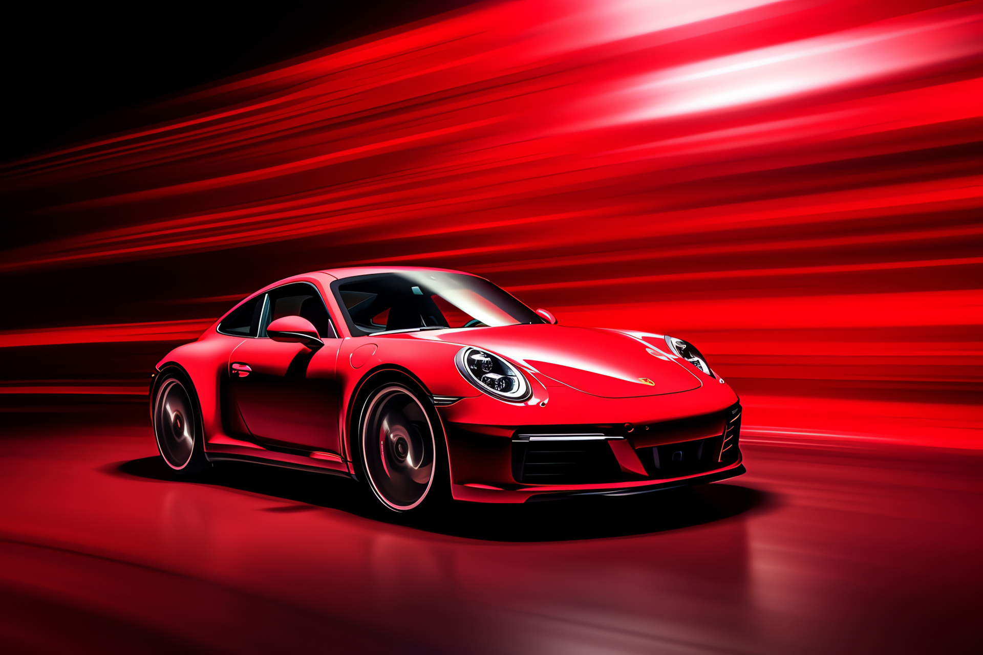 Porsche 911 motion, Red backdrop dominance, Automotive side view, High-speed impression, Auto boldness, HD Desktop Image