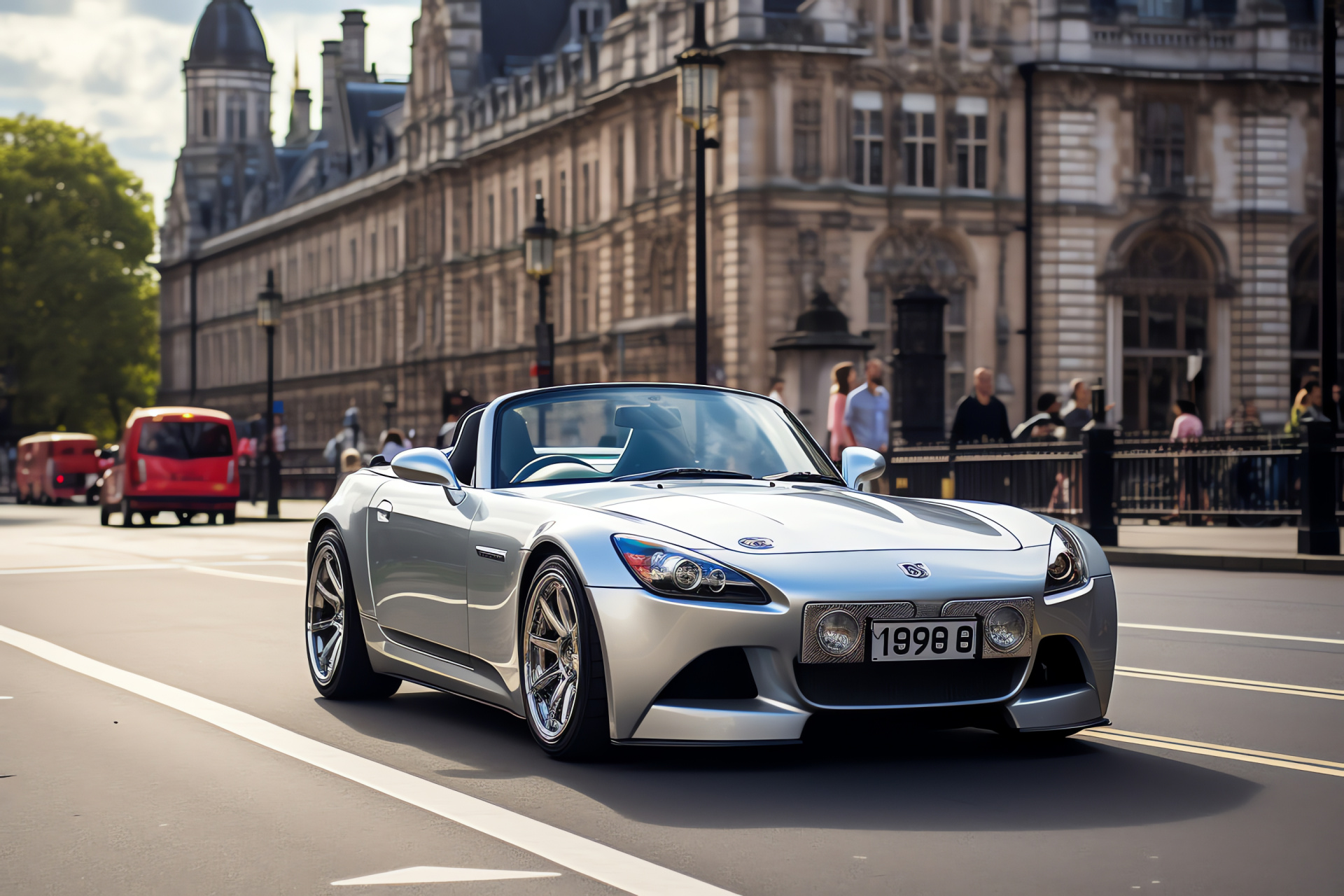 Honda S2000 GT, London backdrop, Classic streets, Silver sports car, City landmarks, HD Desktop Wallpaper