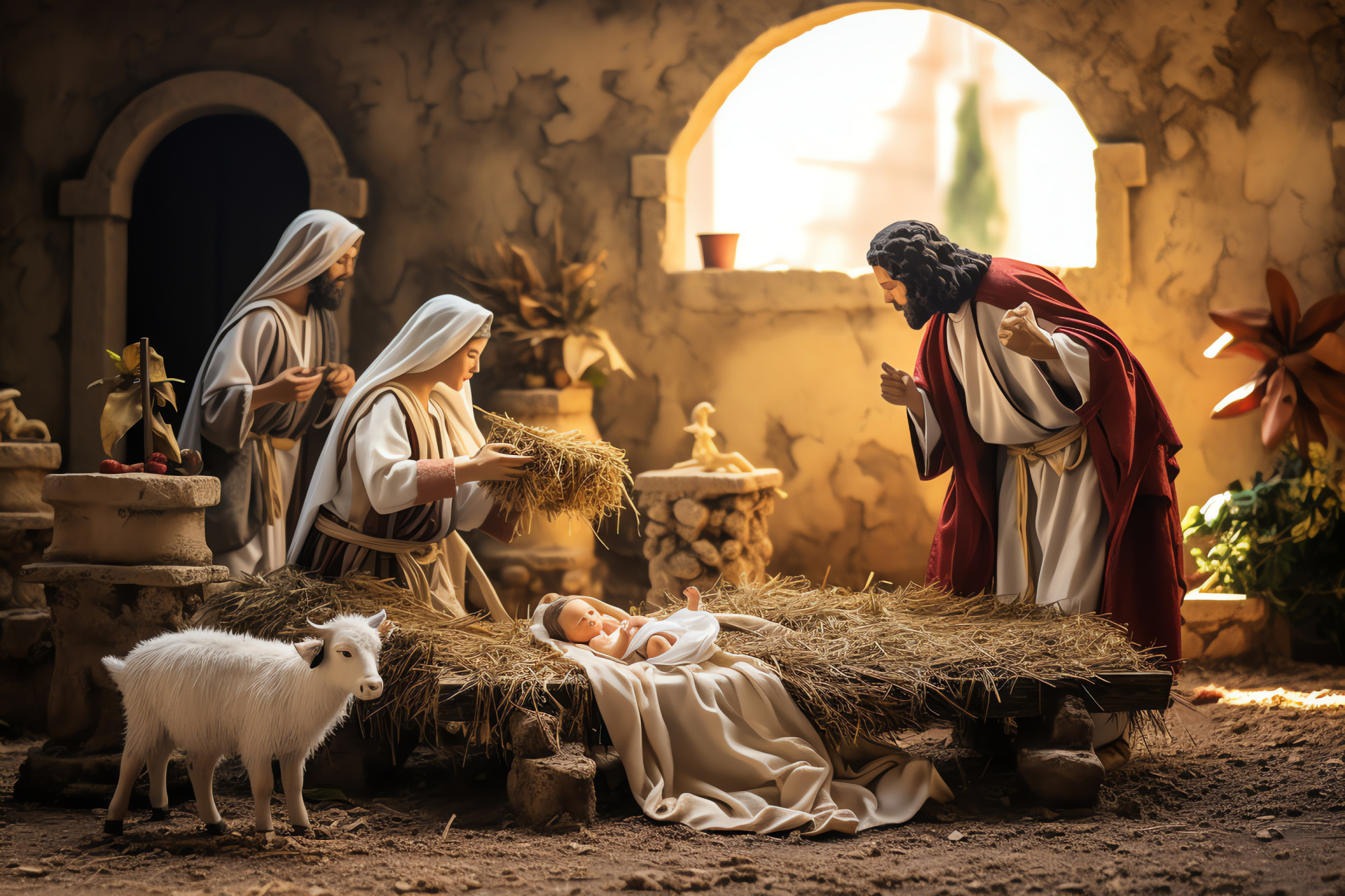 Holy nativity, biblical event, religious scene, Christmas star, sacred figures, HD Desktop Image