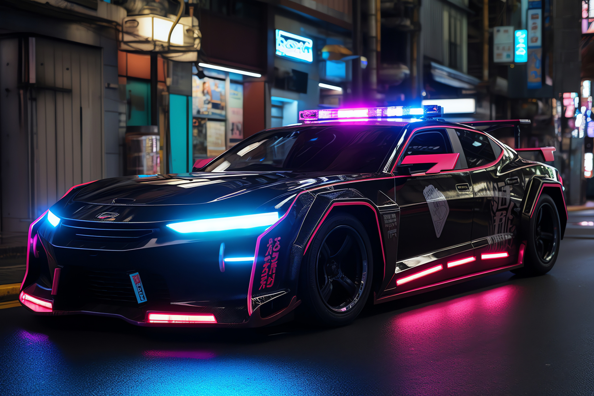 Futuristic Tokyo police car, Bright neon detailing, Urban enforcement, Vibrant city scene, Modern protector, HD Desktop Wallpaper