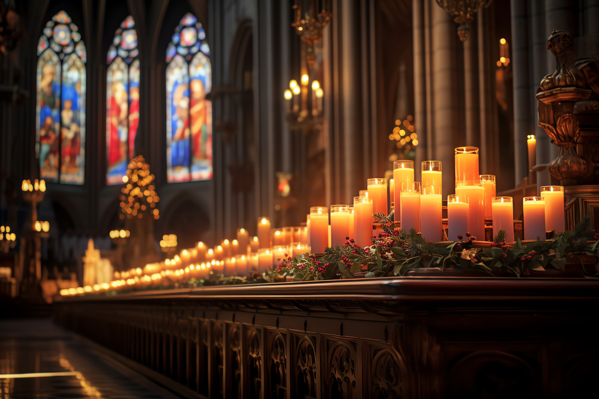 Yule tide rite, Cathedral architectural majesty, Festivity inside church, Yuletide glint through glass, Christian edifice, HD Desktop Image