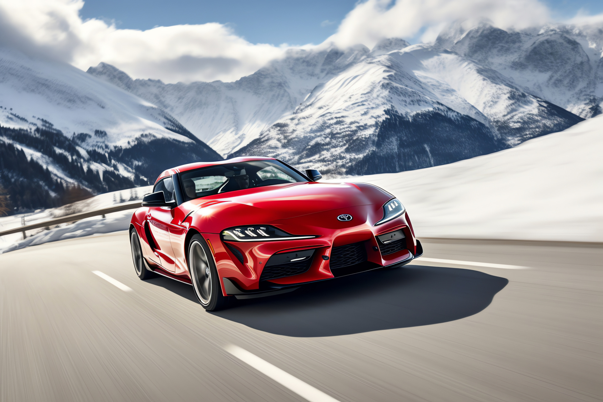 Toyota Supra mountain drive, GR A90 GT4 edition, Snowy peak rendezvous, Winding road excitement, High-altitude touring, HD Desktop Image