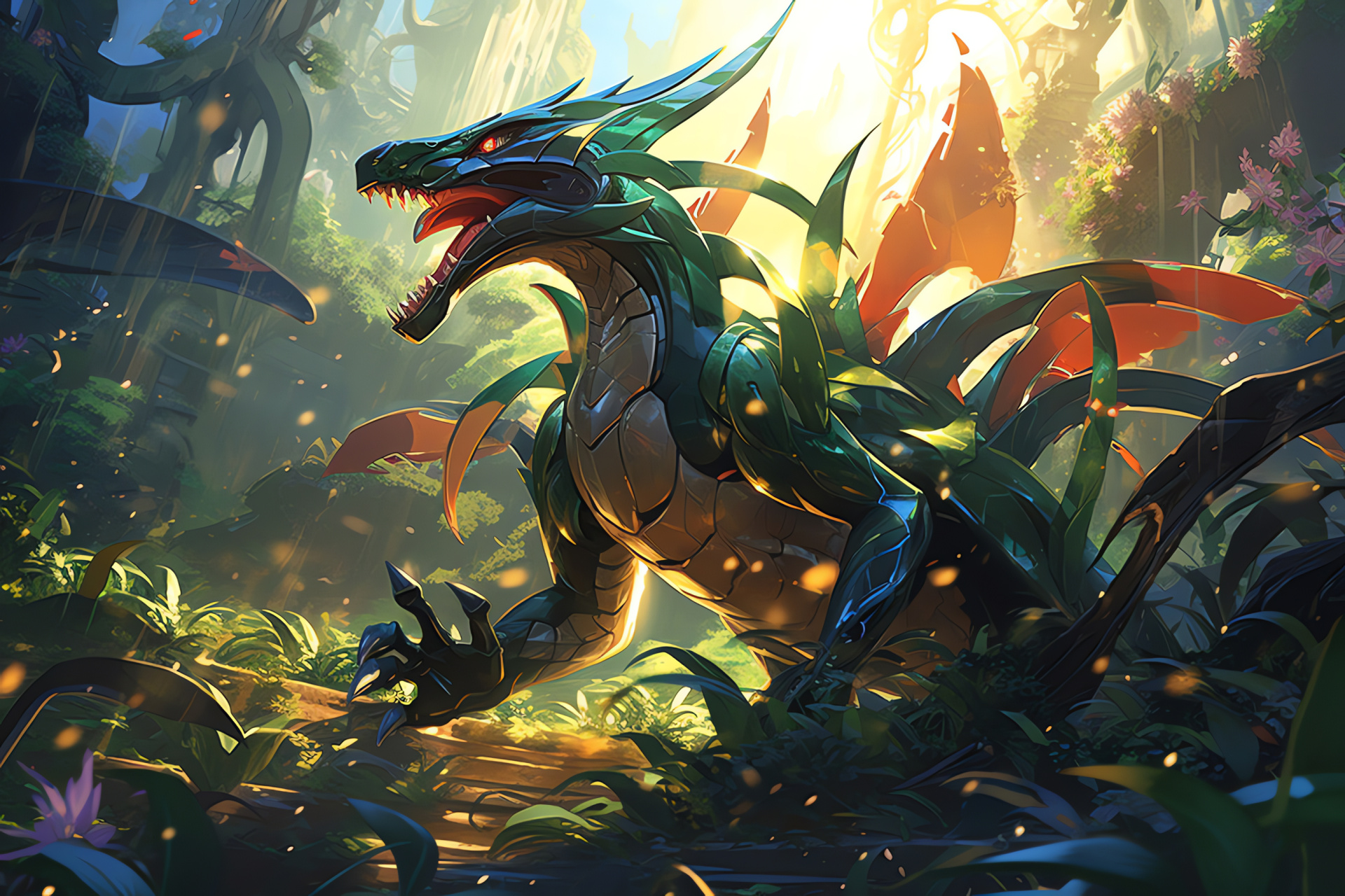 Legendary Rayquaza, dense jungle habitat, captivating creature, bright ambiance, Pokmon battle move, HD Desktop Image