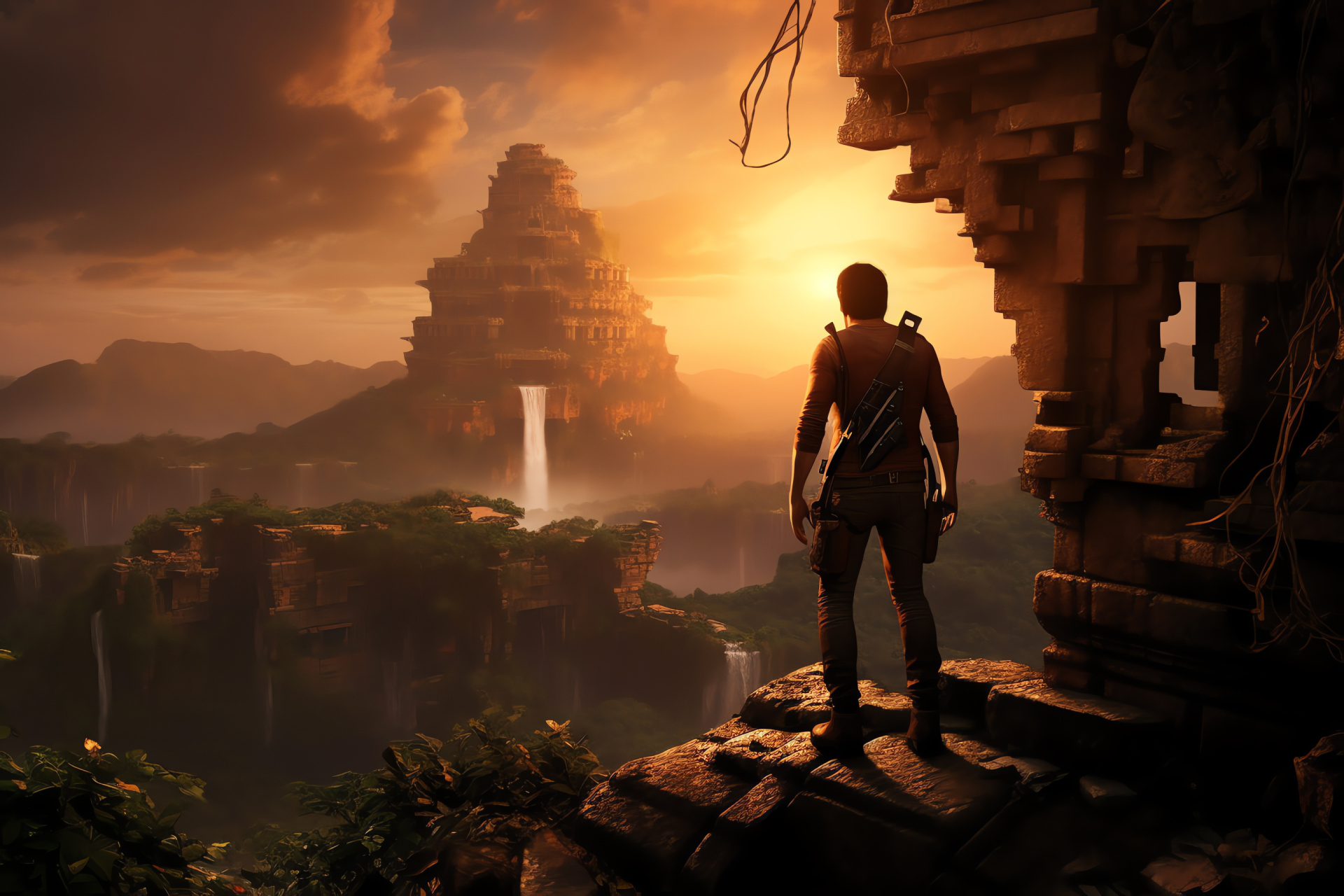 Uncharted 2 Amid Ruins, Adventurer Nathan Drake, Precarious stone outcrop, Mythic land of Shambhala, Relic seeker, HD Desktop Wallpaper