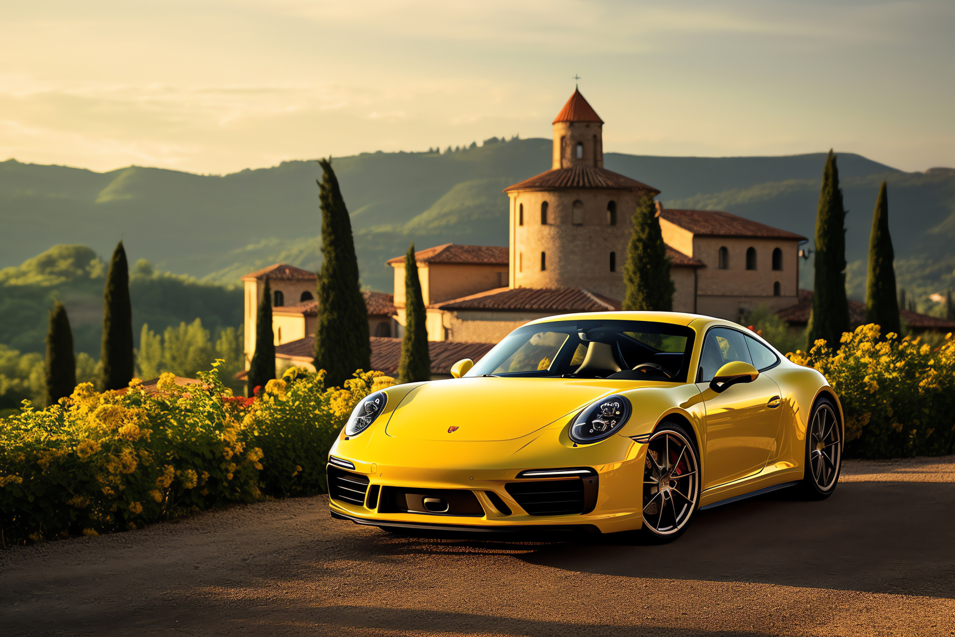 Tuscan trip, Porsche GT3 excursion, Sunflower beauty, Vineyard stretches, Picturesque touring, HD Desktop Image