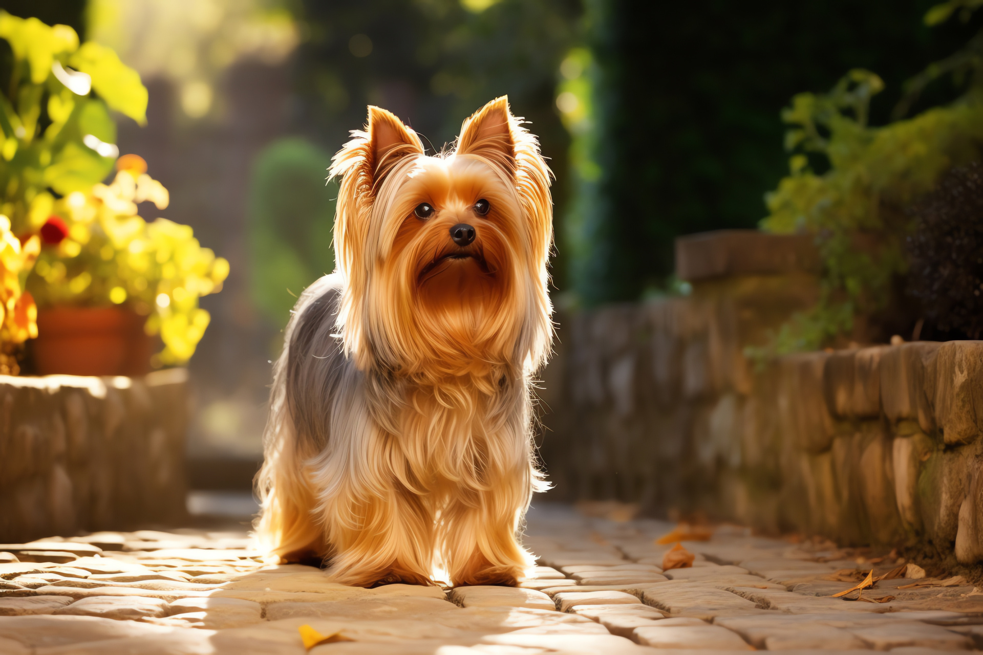 Yorkshire Terrier, Chestnut-hued eyes, Golden animal fur, Lengthy strands, Aureate aura, HD Desktop Image