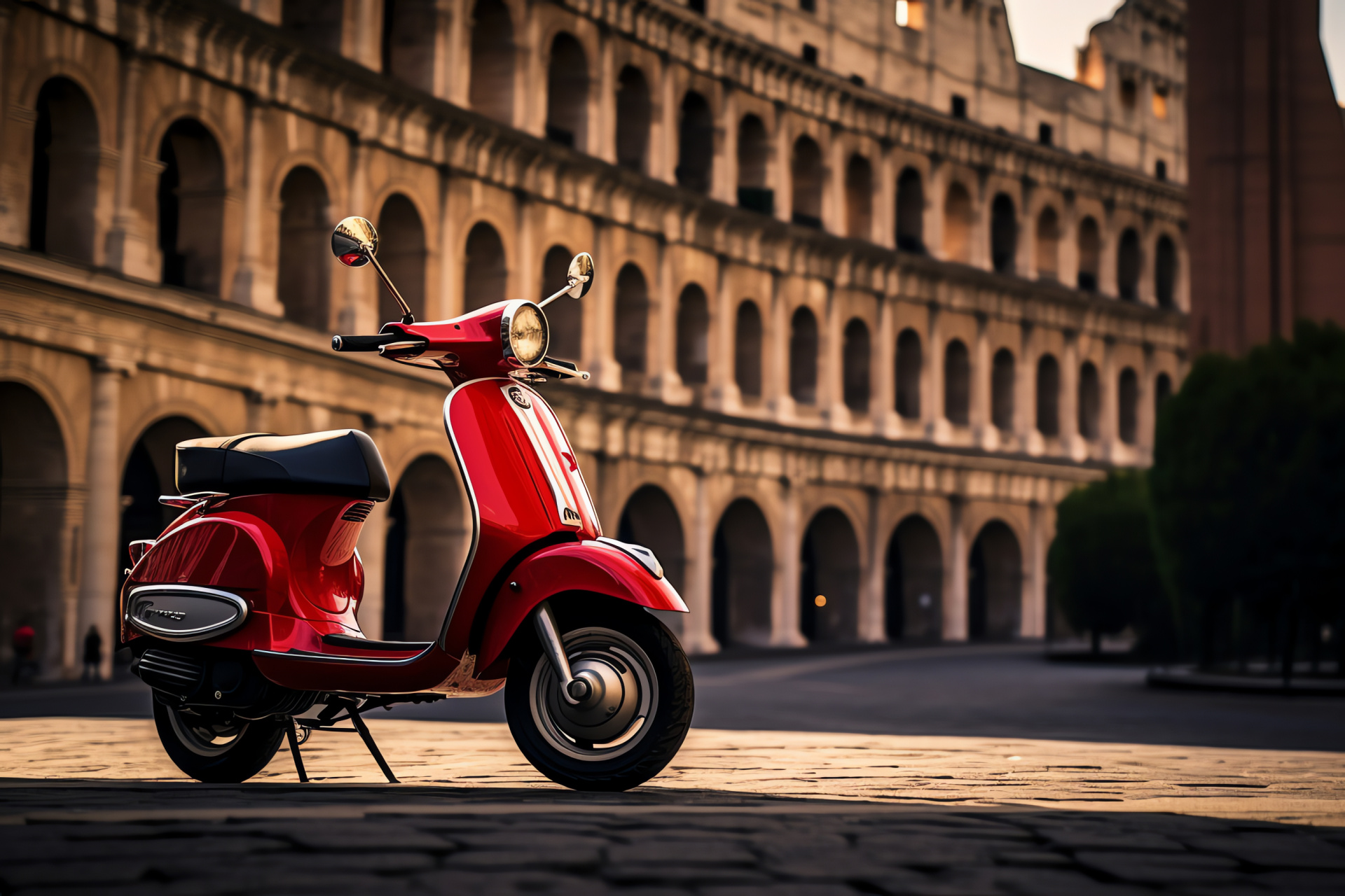 Classic Vespa near Colosseum, Rome historical transport, Retro Vespa charm, Red scooter body, Shiny chrome features, HD Desktop Wallpaper