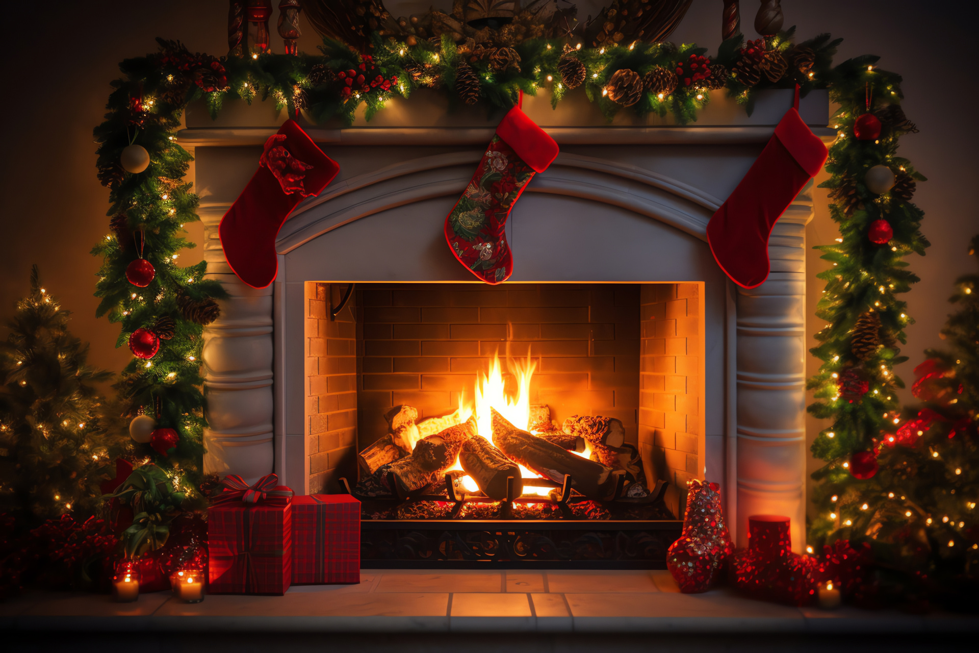 Yuletide hearth, Garland decoration, Seasonal warmth, Festive shimmer, Traditional ornaments, HD Desktop Image