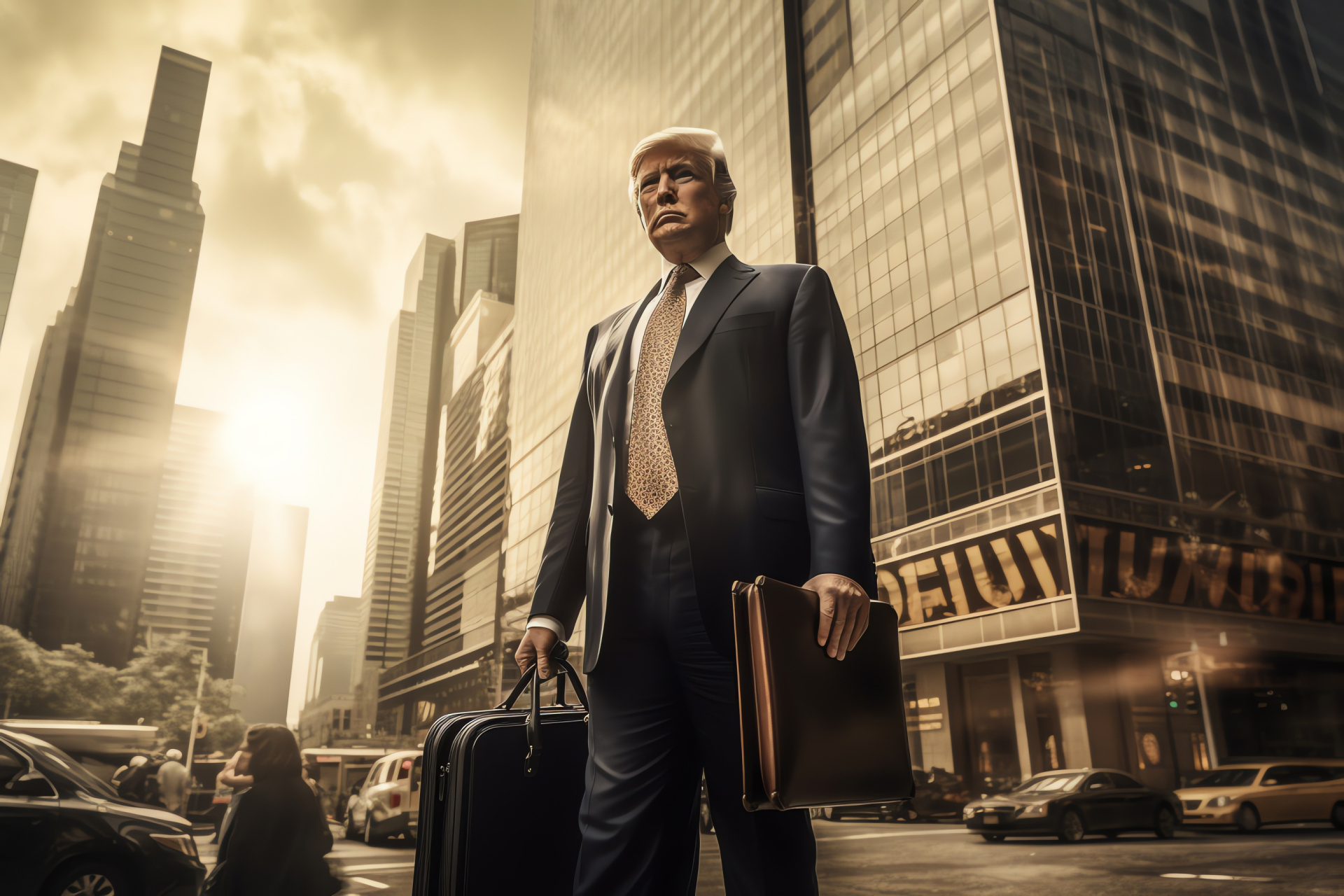 Business mogul Trump, Prominent skyscraper, Business attire, Professional accessory, Urban skyline, HD Desktop Wallpaper