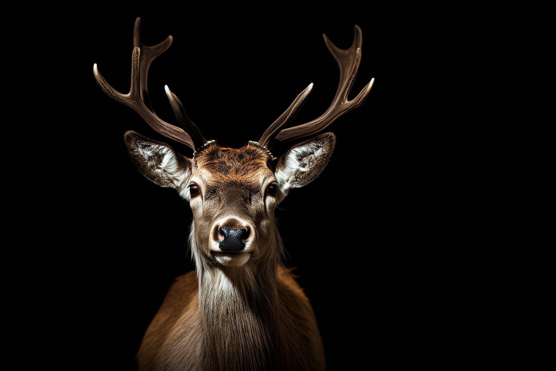 Reindeer, light brown coat, curious gaze, amber eyes, black backdrop contrast, HD Desktop Wallpaper