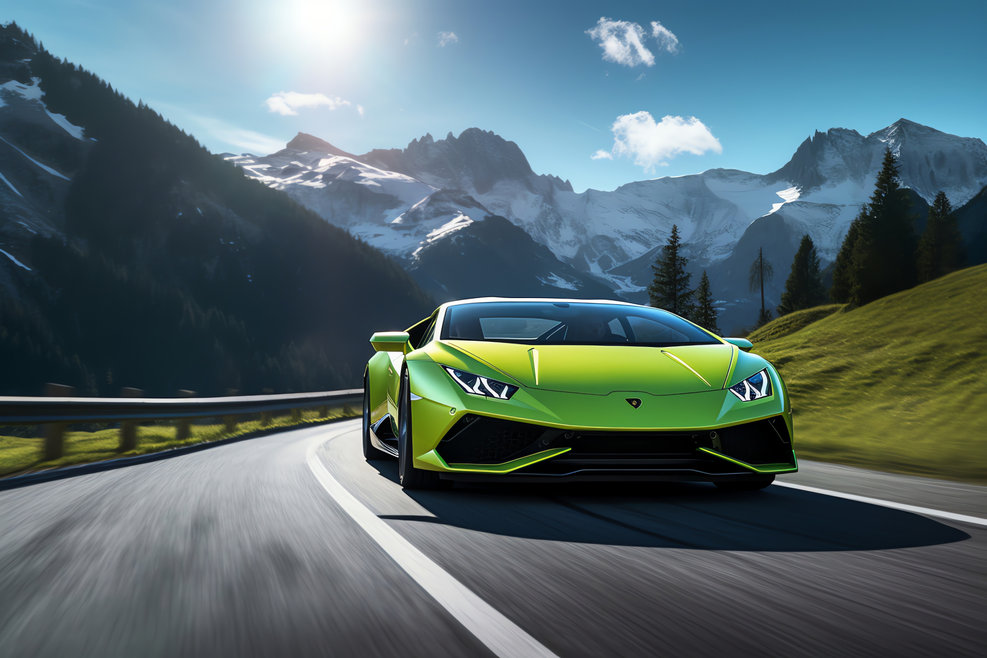 Exotic Lamborghini journey, Huracn EVO RWD model, Swiss Alps backdrop, vivid green paint, serpentine road challenge, HD Desktop Wallpaper