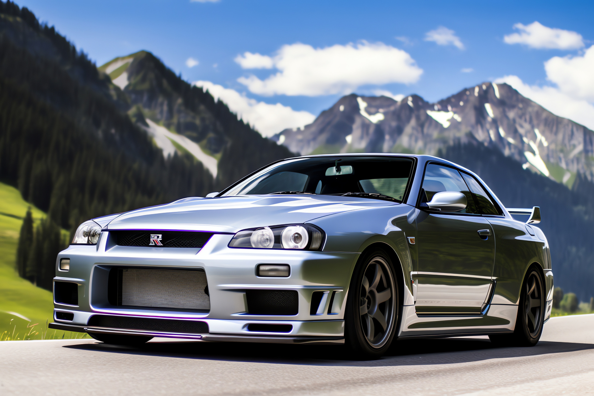 Nissan GTR, Legendary Nr edition, Swiss alpine backdrop, Silver racing machine, Precision handling, HD Desktop Image