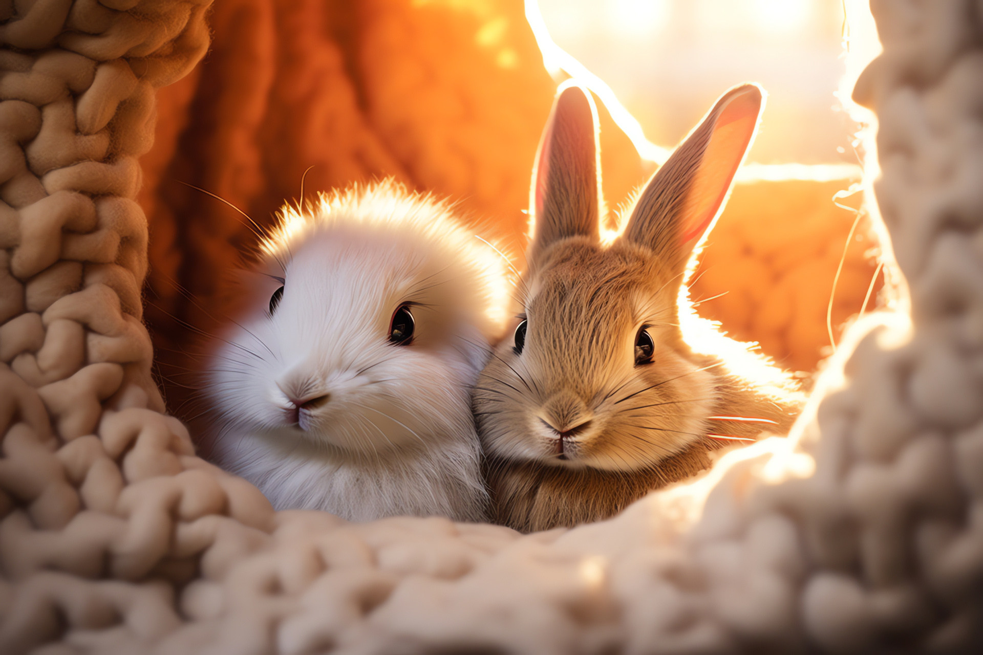 Affectionate rabbits, Valentine creatures, Snug underground home, Heart cushions, Soft animal texture, HD Desktop Wallpaper