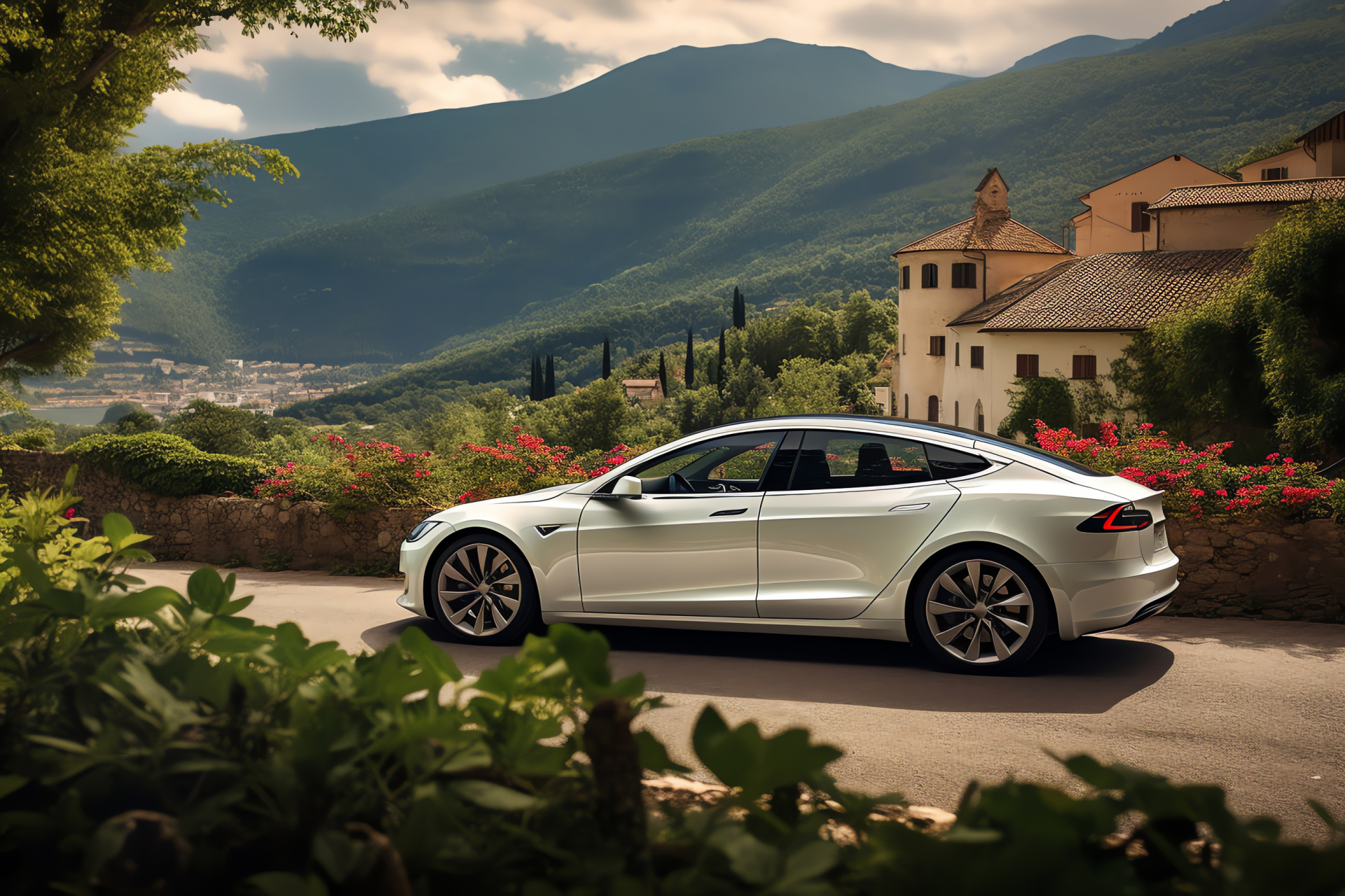 Tesla Model S, Scenic countryside drive, Winding road mastery, Electric sedan, Environmental transport, HD Desktop Image