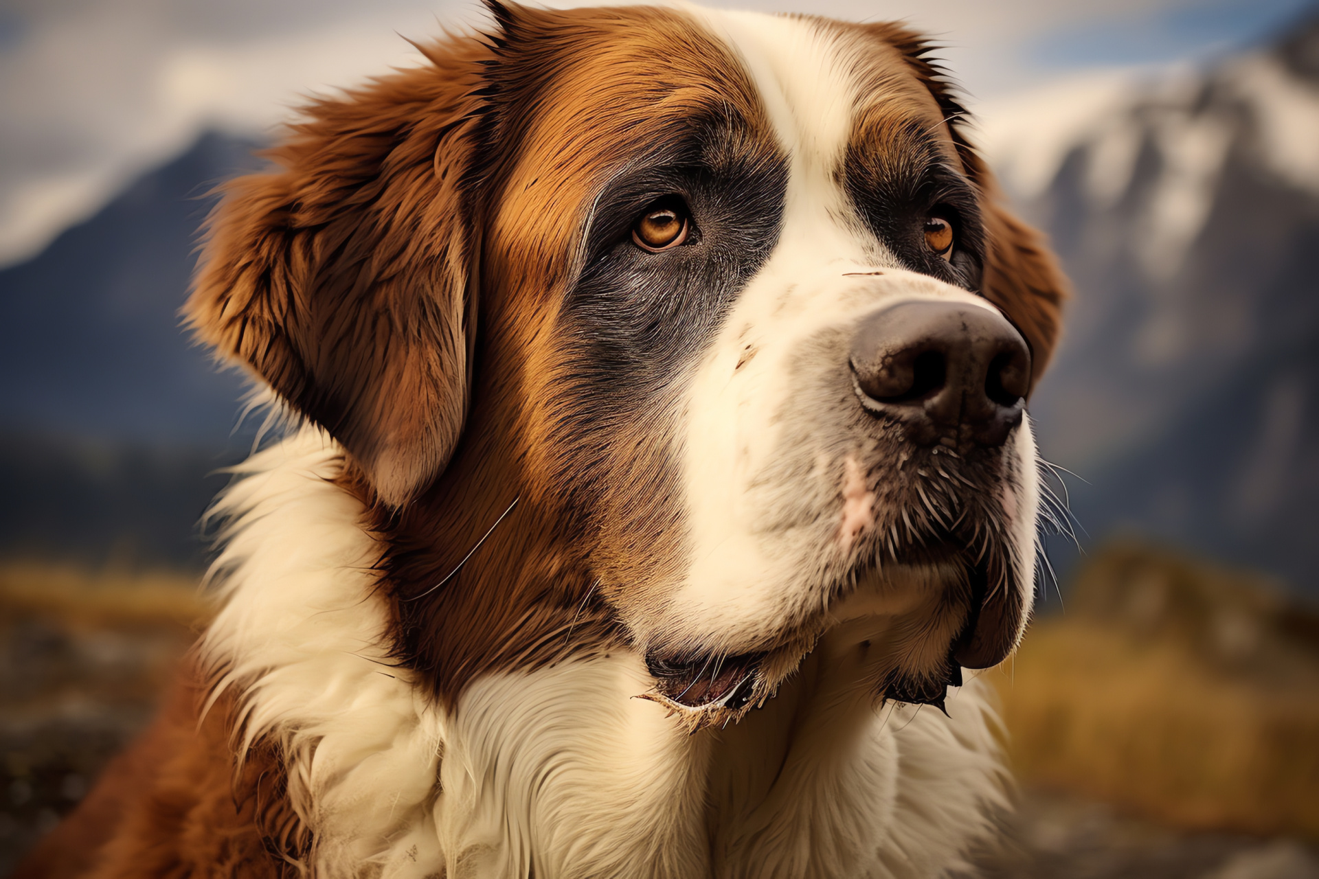 Affectionate St. Bernard, Deep gaze, Shaggy coat, Soft fur, Multi-color backdrop, HD Desktop Wallpaper