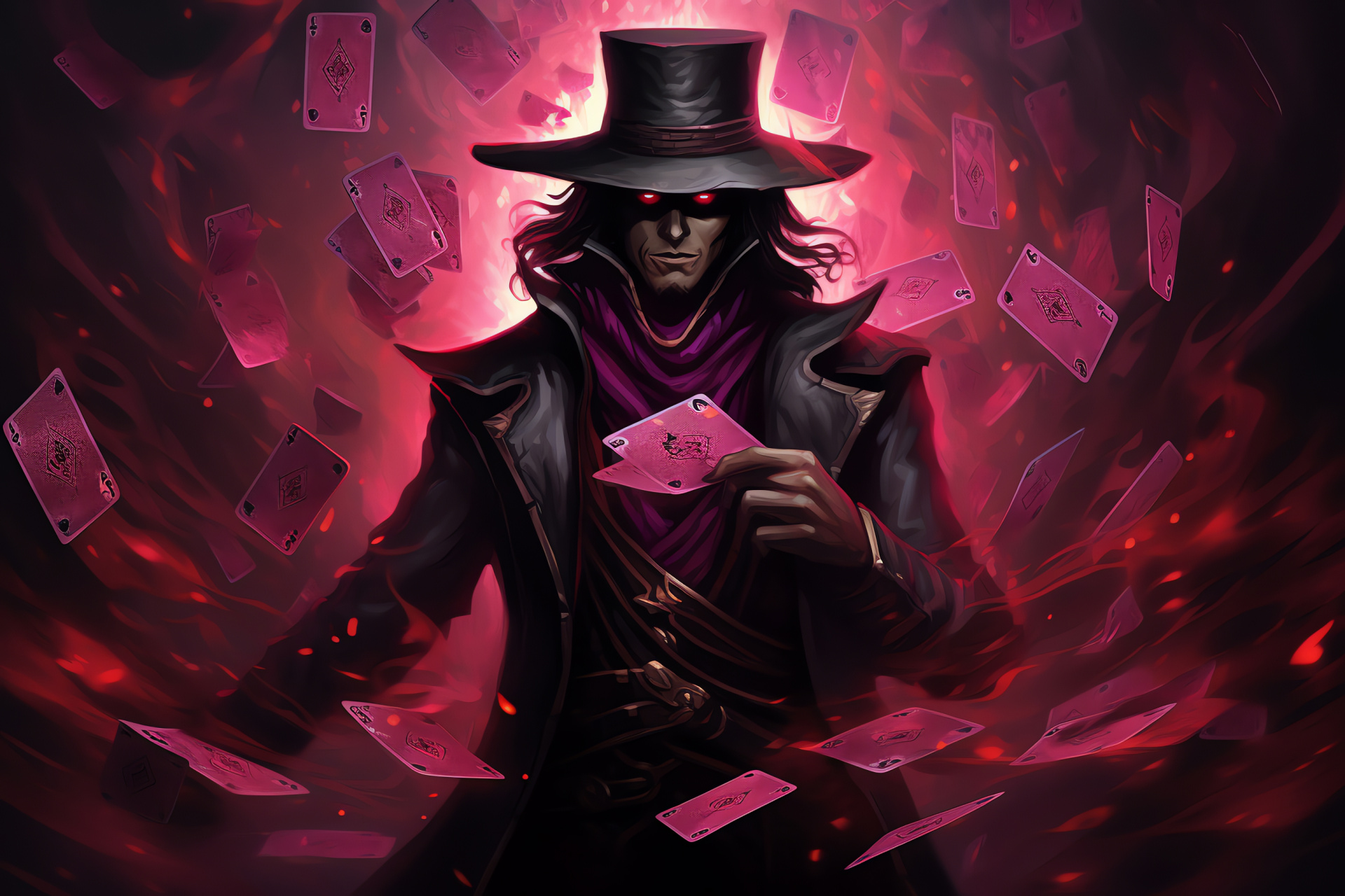 Twisted Fate portrayal, League of Legends gaming, enigmatic sorcerer, captivating magenta eyes, assured stance, HD Desktop Wallpaper