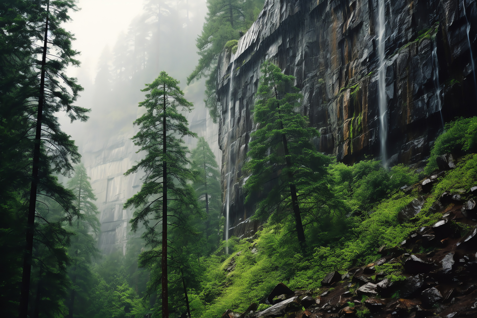 Yosemite National Park, California forests, gentle precipitation, granite formations, Sequoia National Park, HD Desktop Wallpaper