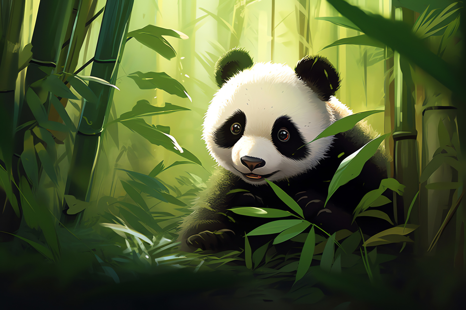 Baby panda, black patches, fluffy appearance, bamboo forest, natural greenery, HD Desktop Image