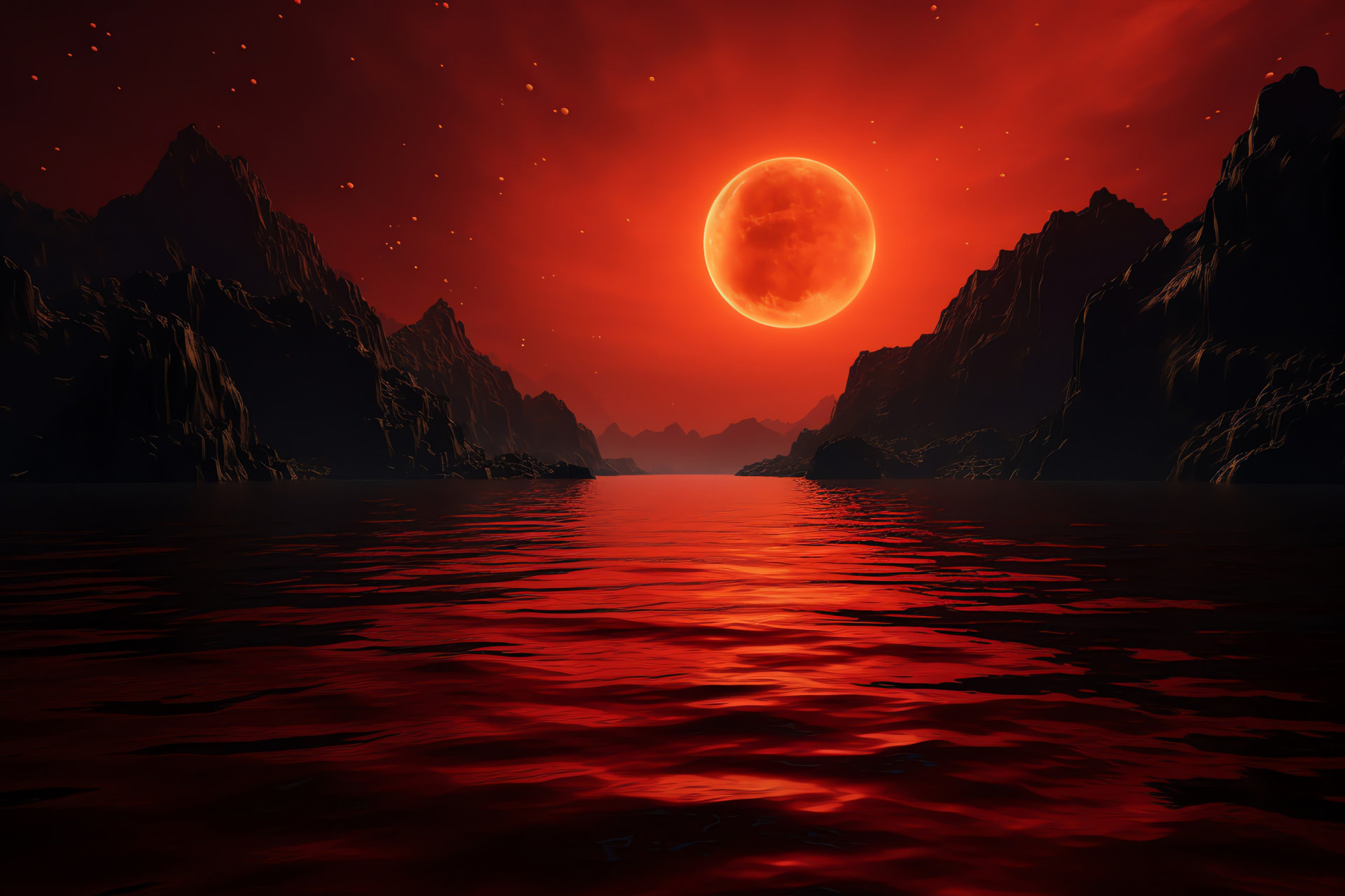 Fiery red moon, Uneven lunar surface, Deep space craters, Mountainous regions, Celestial orb, HD Desktop Image