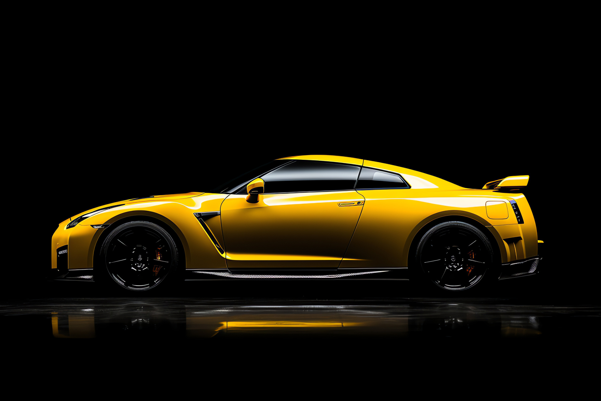 Nissan GTR R35, Signature style, Lateral silhouette, Canary yellow accent, Jet black background, HD Desktop Wallpaper