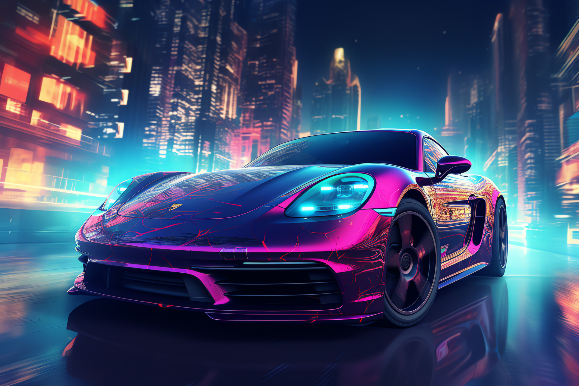 Porsche Cayman urban fantasy, cyberpunk ambiance, elevated city views, illuminated urban grid, sporting silhouette, HD Desktop Image