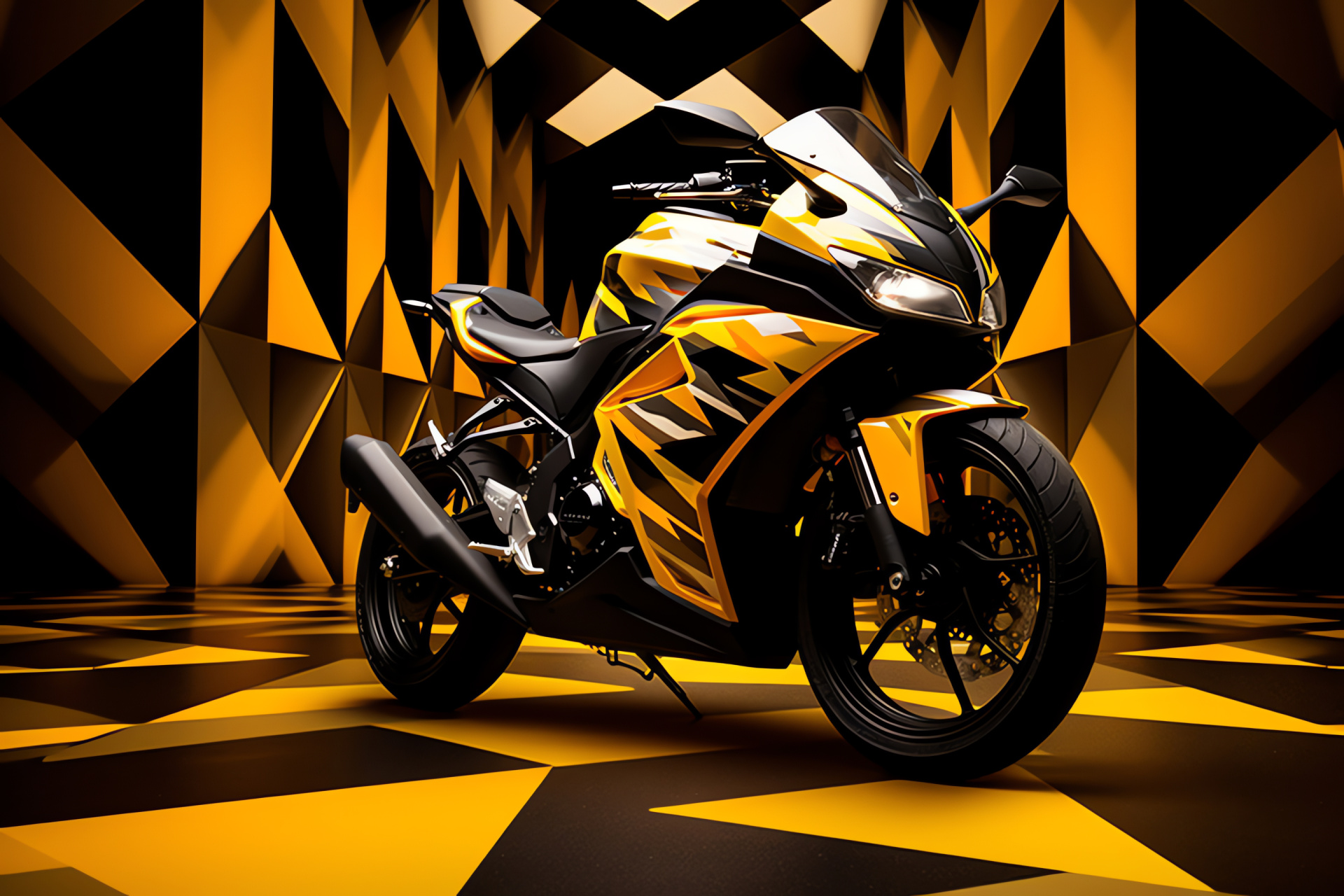 Honda CBR500R roadster, Elevated bike view, Geometry-themed background, Dark bike silhouette, Yellow highlights, HD Desktop Image