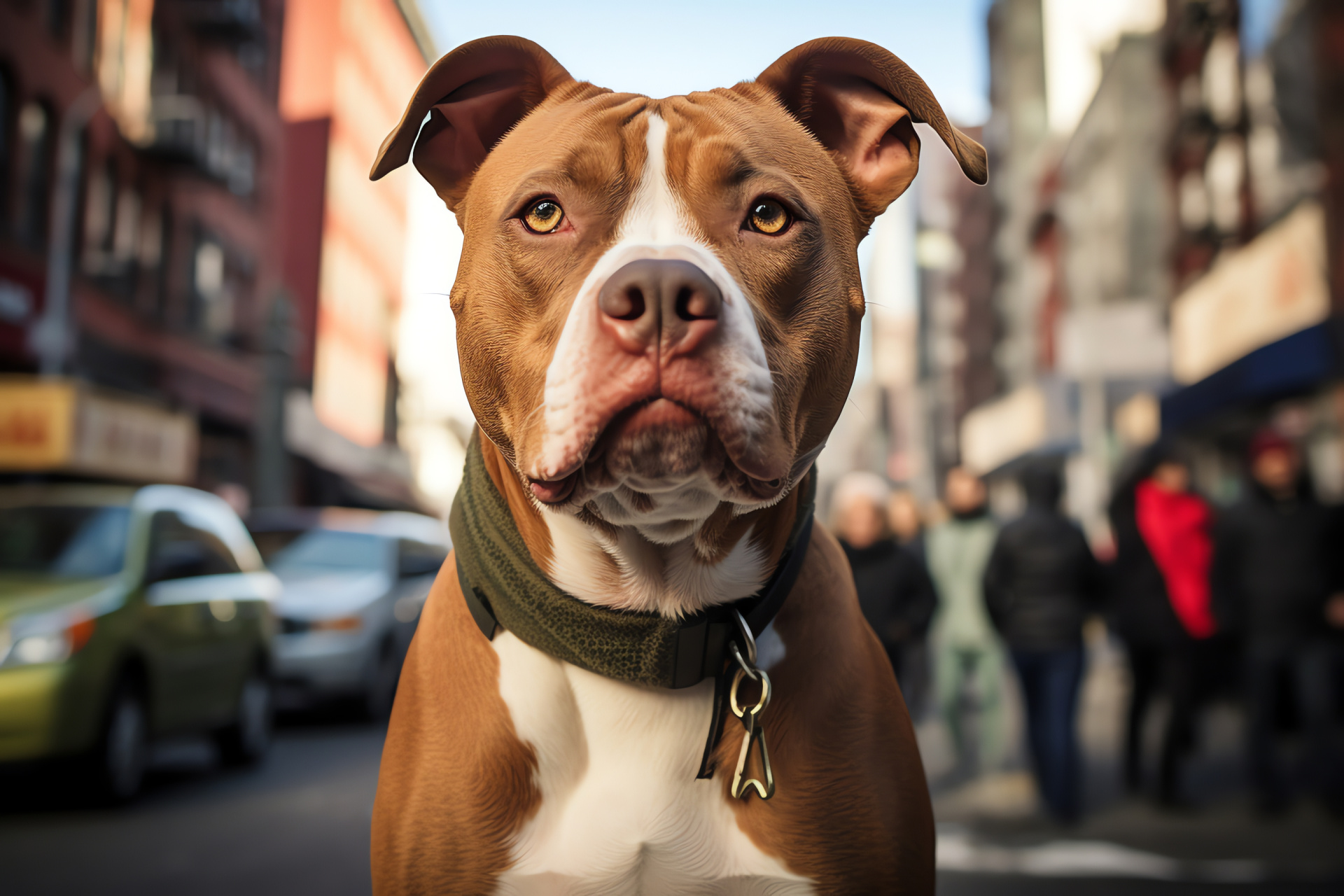 Pitbull breed, canine, red-white pelt, emerald optical organs, assertive stance, urban streetscape, HD Desktop Image