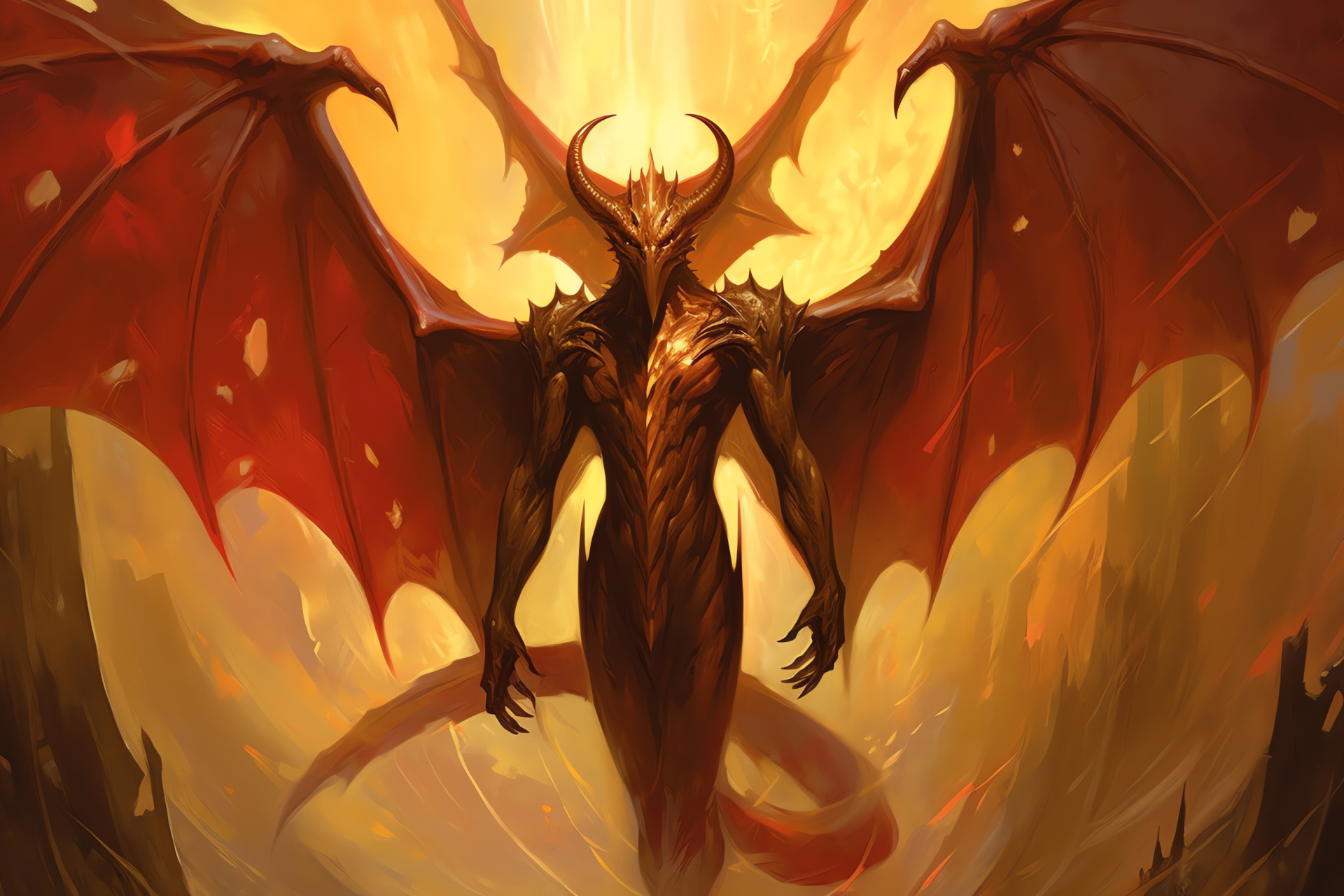 Nicol Bolas MTG character, Majestic spread wings, Horror-inspired horns, Glowing golden eyes, Fantasy gaming, HD Desktop Wallpaper