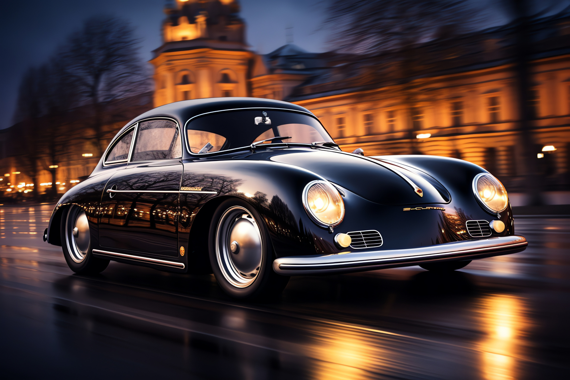 Porsche 356 in Berlin, German engineering, City landmark, Evening illumination, Brandenburg Gate, HD Desktop Wallpaper