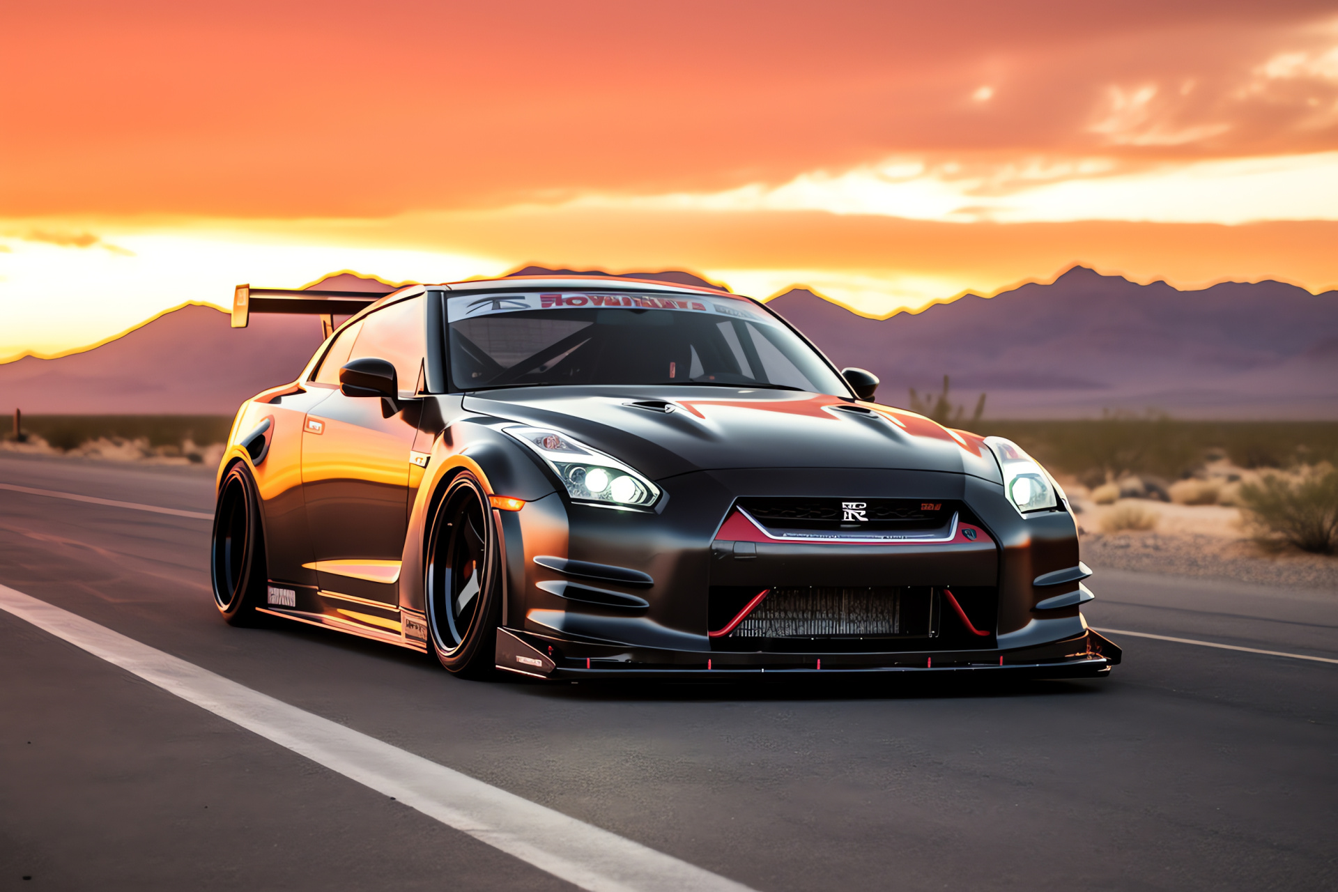 Nissan GTR Liberty Walk on Route 66, Aftermarket enhancements, Powerful engine growl, Sundown ambiance, American diner tradition, HD Desktop Wallpaper