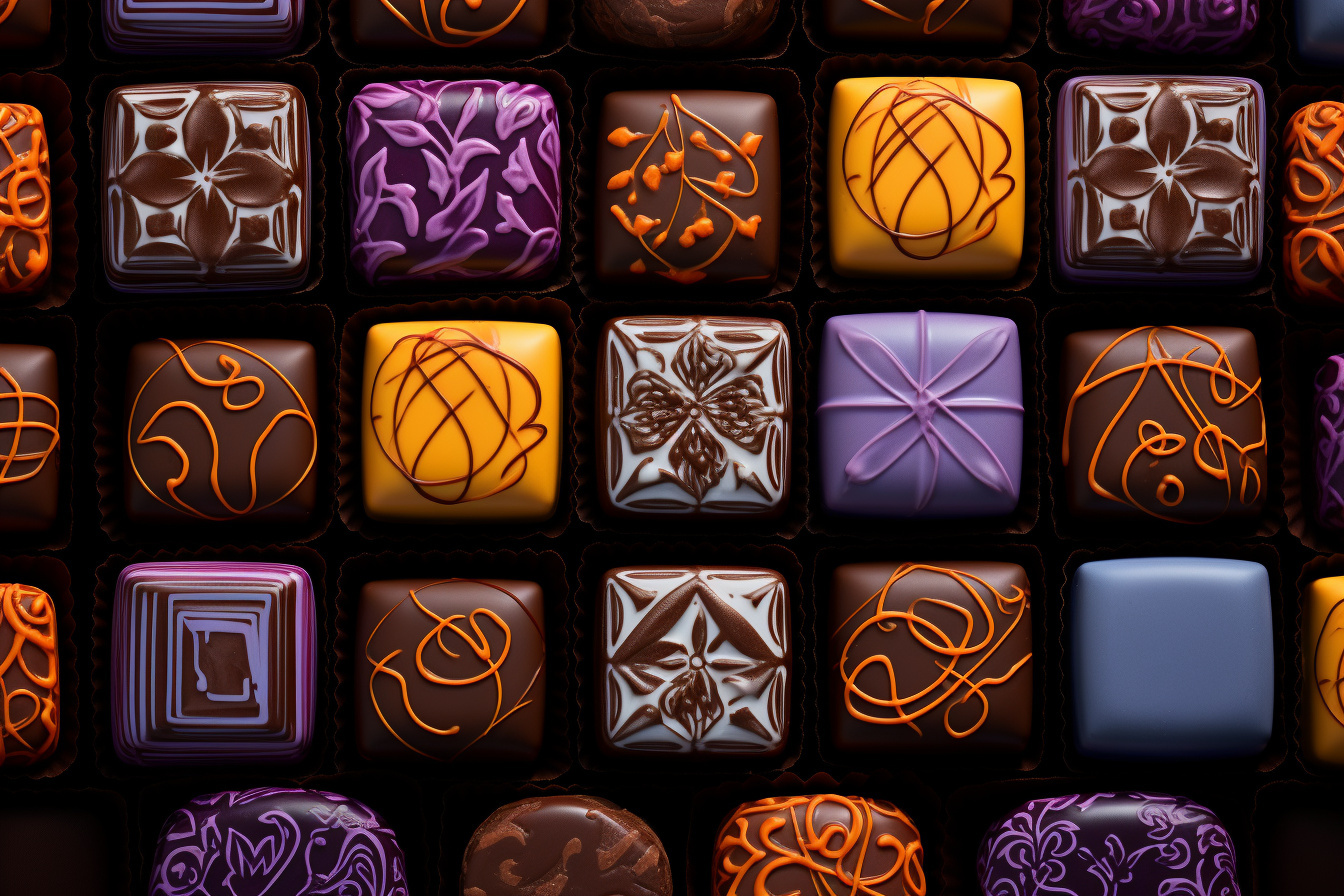 Gourmet sweets, Bittersweet chocolate, Acidic fruit filling, Confectionery bliss, Ordered chocolate array, HD Desktop Wallpaper