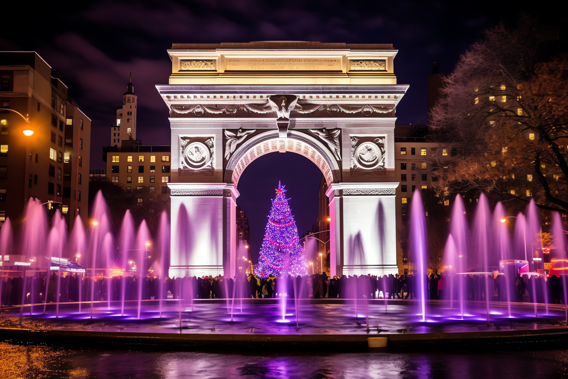 New York, Washington Square Park, Festive decorations, Ornamented Christmas tree, Washington Arch, HD Desktop Wallpaper