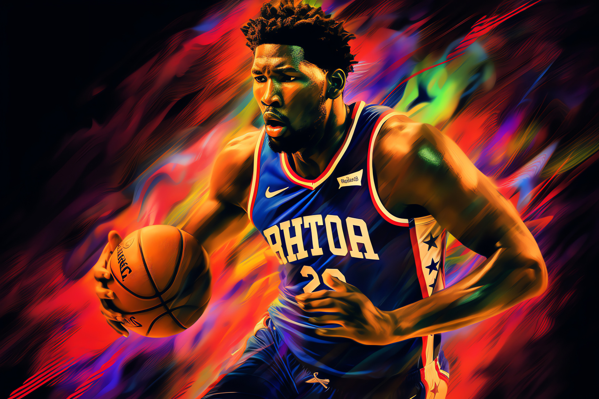 Joel Embiid, 76ers center, Imposing athlete, NBA strong player, Center court action, HD Desktop Wallpaper