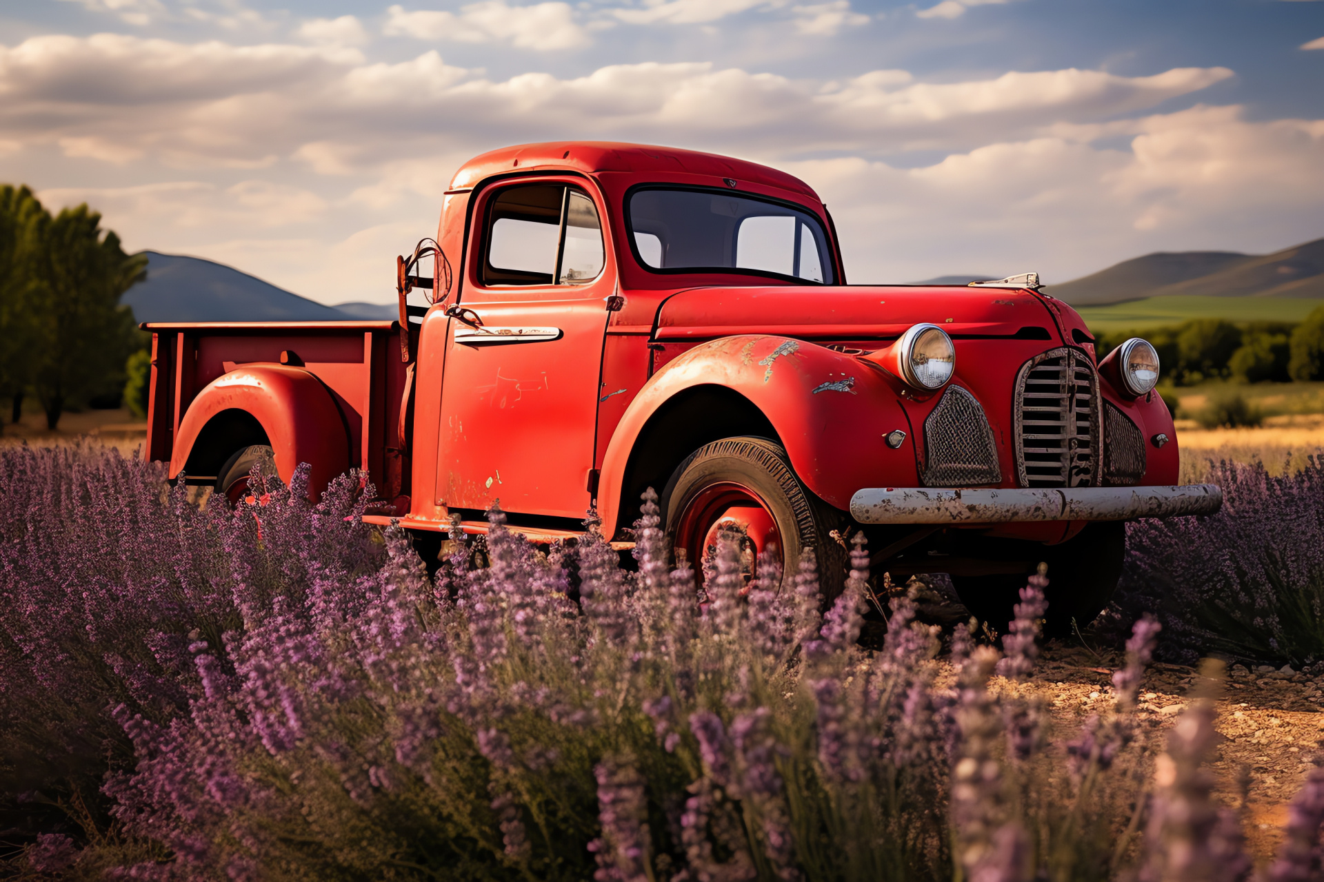 Provencal red truck, Classic automotive, Lavender fields panoramic, Rural charm, Seasonal bloom, HD Desktop Image