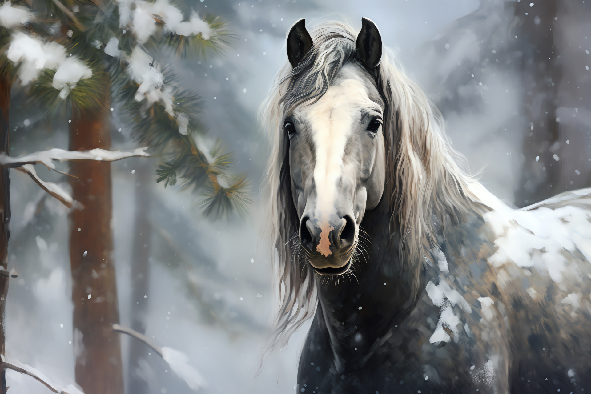 Majestic stallion, Horse elegance, Equestrian splendor, Dark patches, Winter scenery, HD Desktop Wallpaper