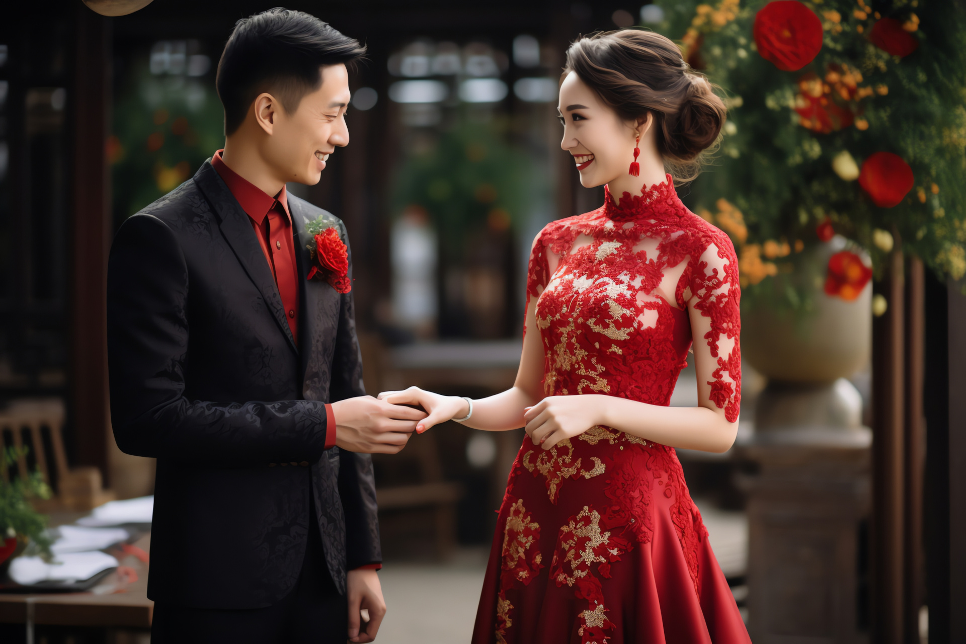 Chinese wedding ornamentation, bridal flowers, Asian matrimonial customs, joyous nuptial ceremony, festive matrimony ambiance, HD Desktop Wallpaper