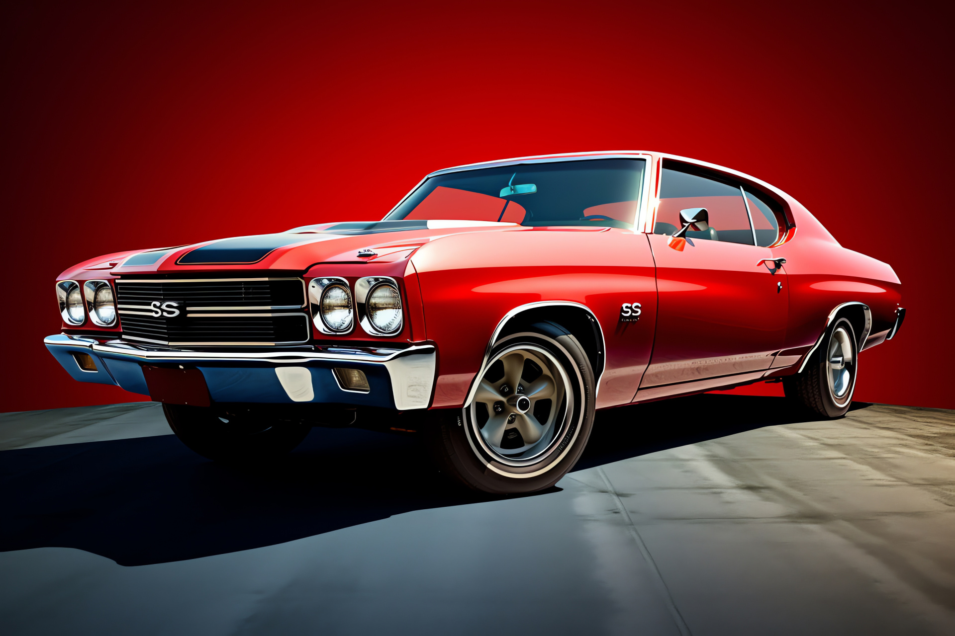 Chevrolet Chevelle automobile, 1970 classic Chevy, Muscle car legacy, Red backdrop vintage, Chevelle collector car, HD Desktop Wallpaper