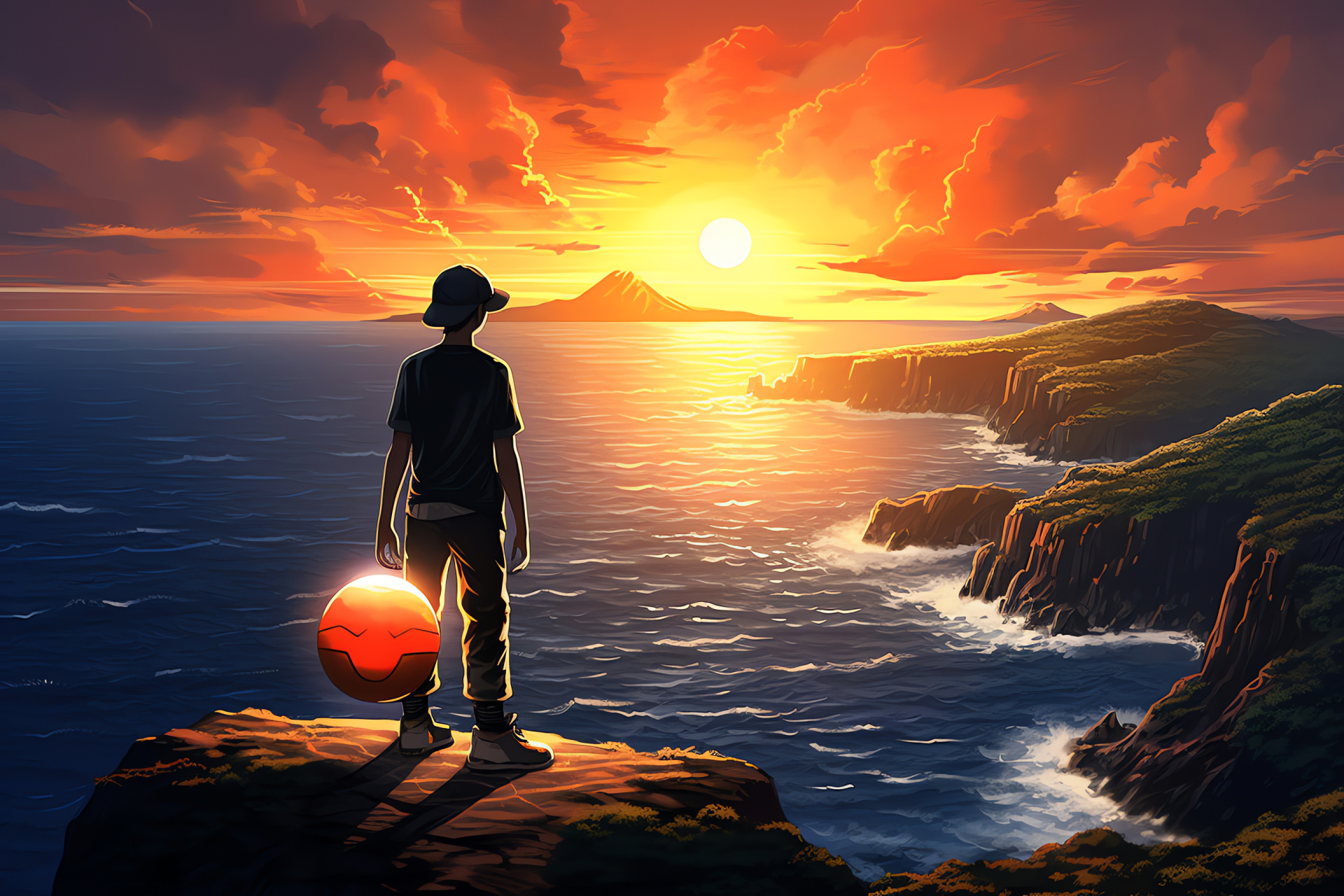 Pokemon Trainer figure, cliff edge setting, ocean expanse, dusk time, orange sunset radiance, HD Desktop Image